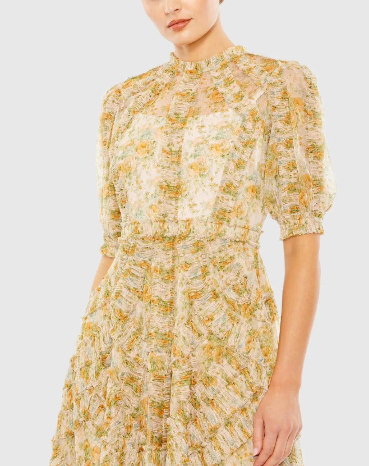 Beige Multicolor Mesh Puff Sleeve Floral Print Dress