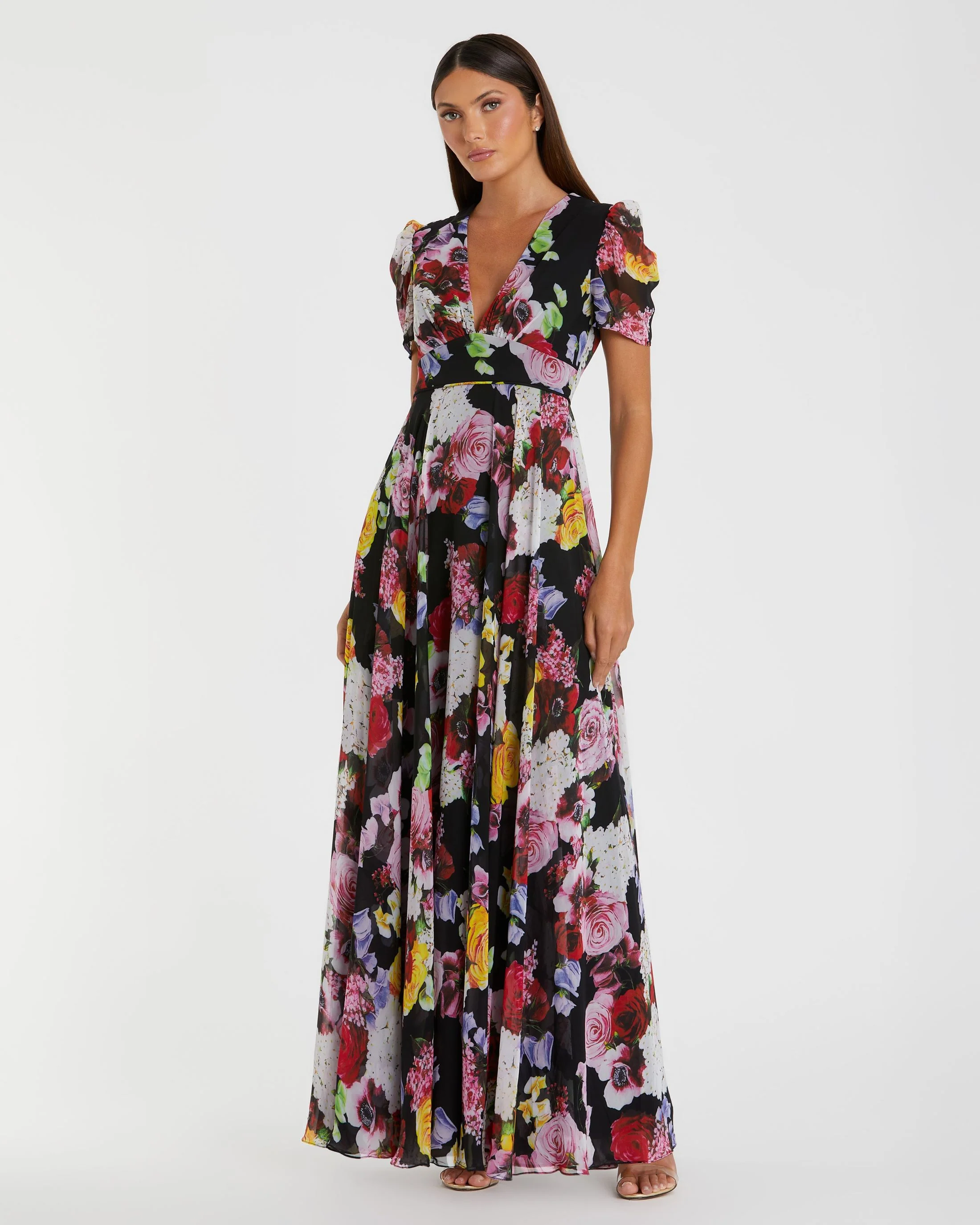 Black Floral Print Mesh Cap Sleeve Gown