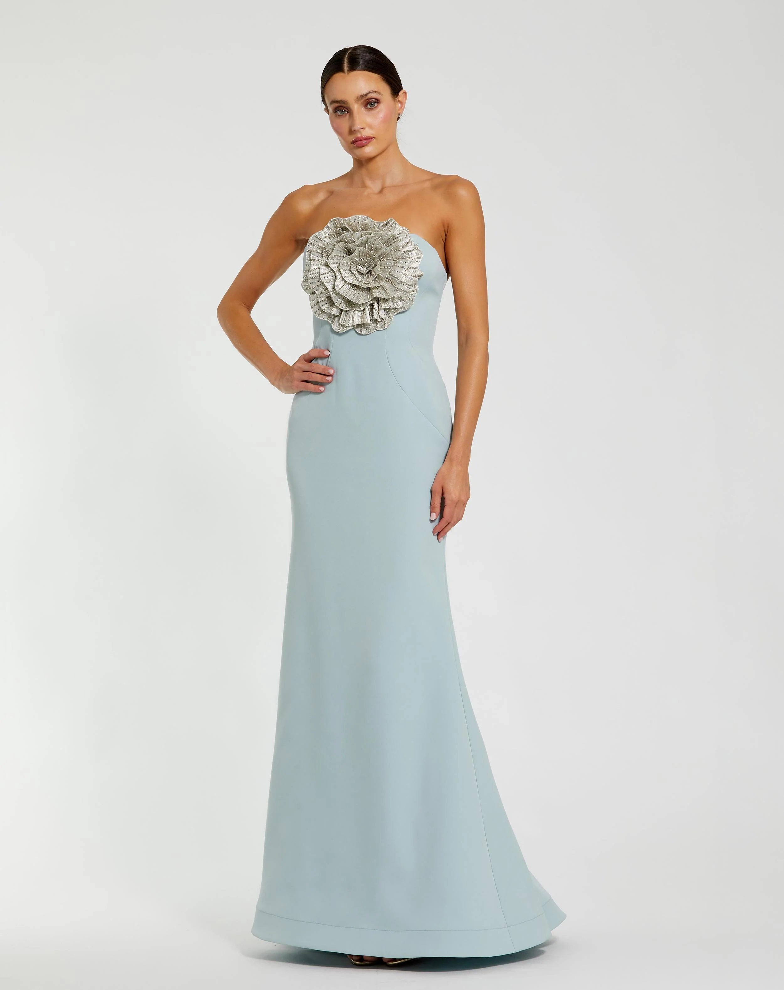 Blue Crepe Strapless Gown With 3D Rhinestone Flower