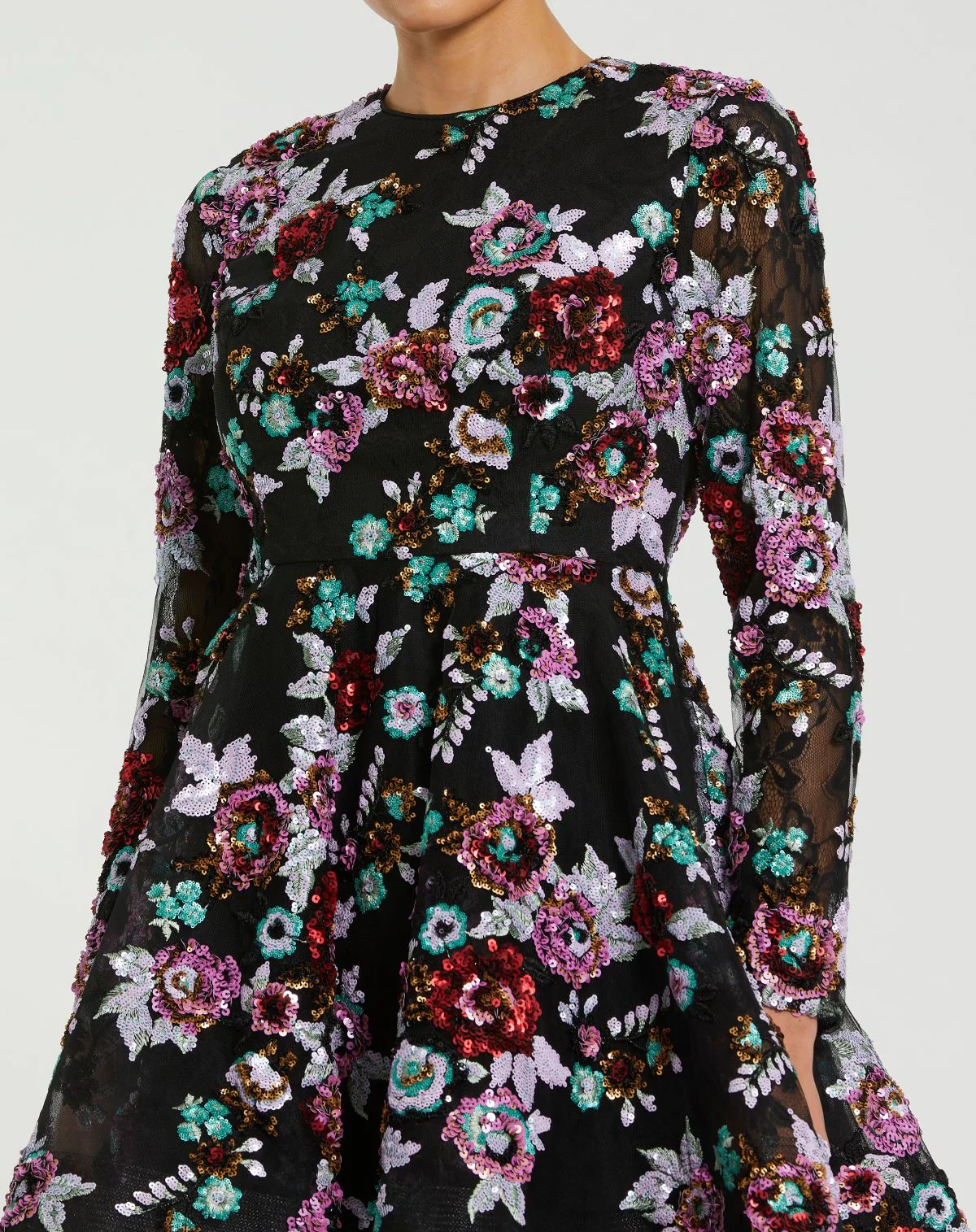 Black High Neck Long Sleeve Sequin A Line Mini Dress