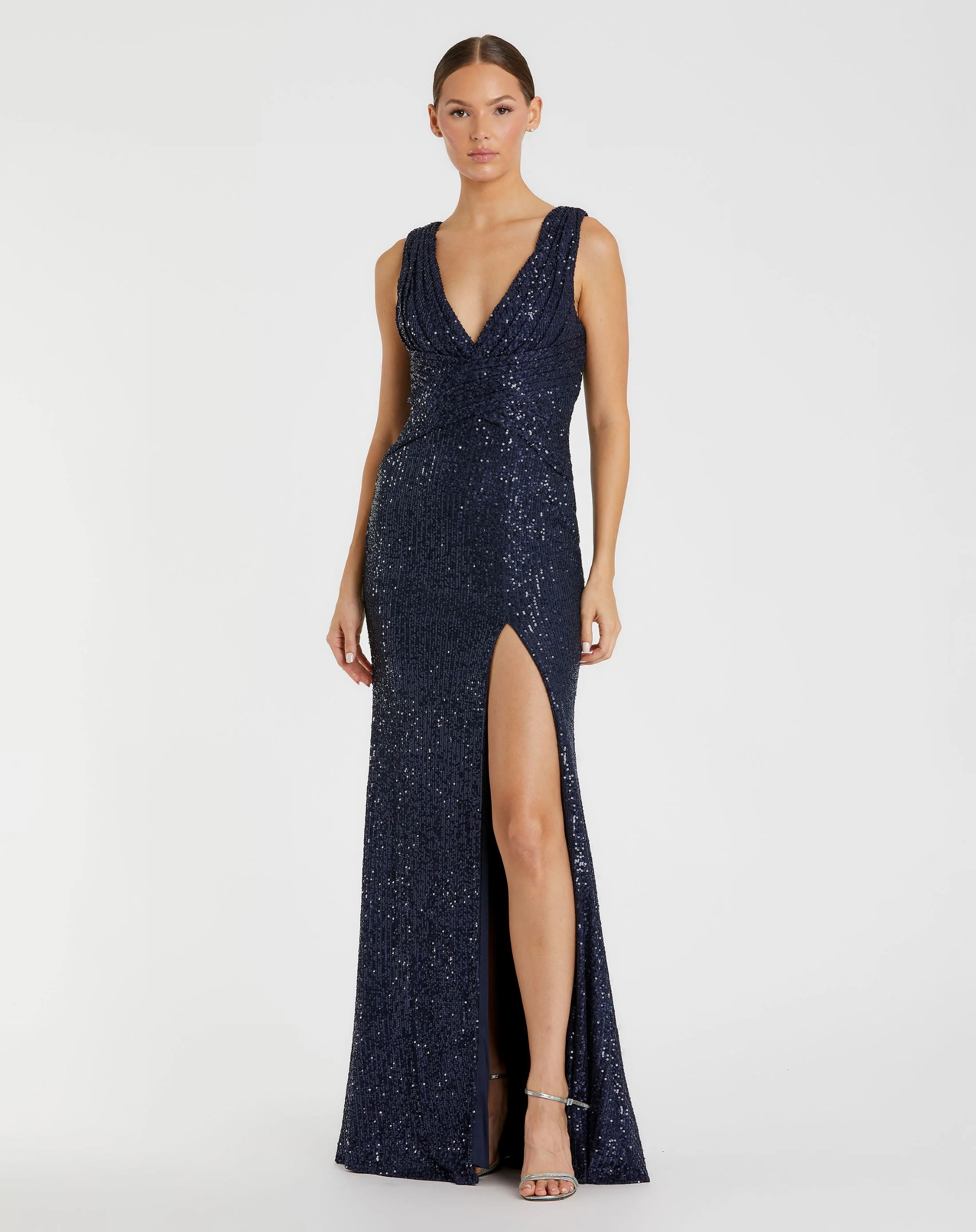 Navy V-Neck Sequin Wrap Waist Gown