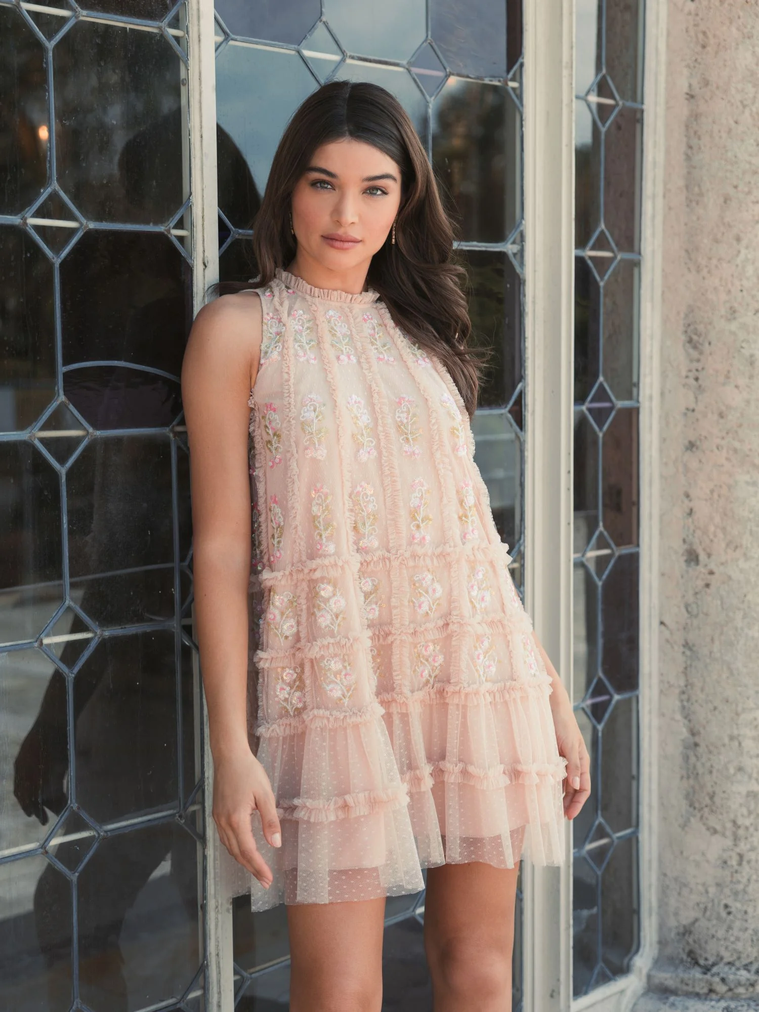 Beige Sleeveless High Neck Beaded Ruffle Detail Dress