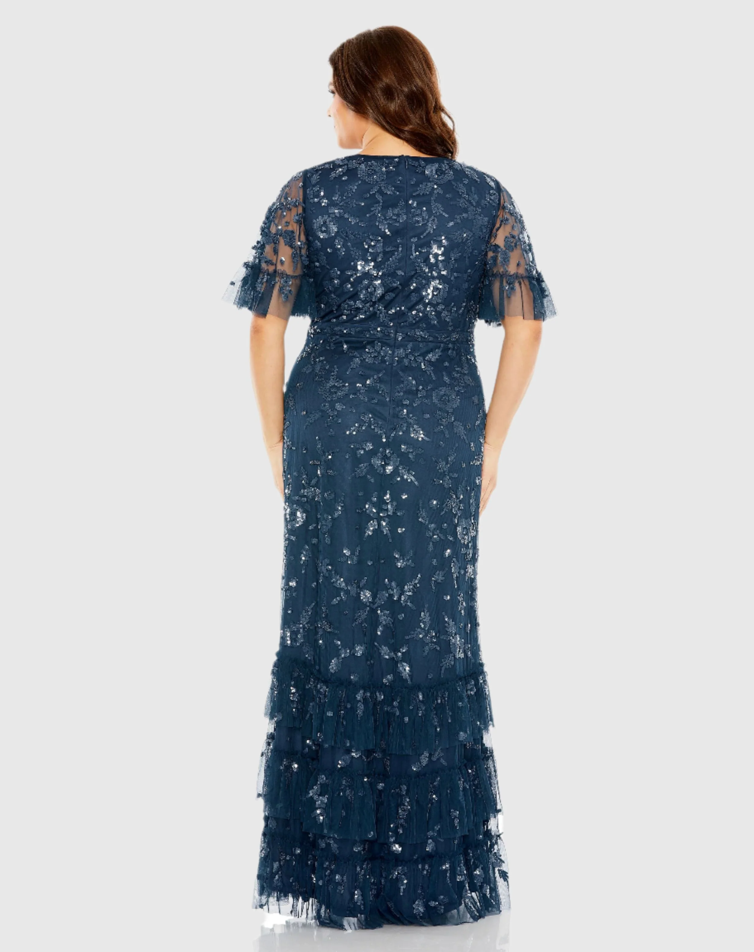Navy Sequin Embellished Flutter Sleeve Faux Wrap V-Neck Tiered Gown
