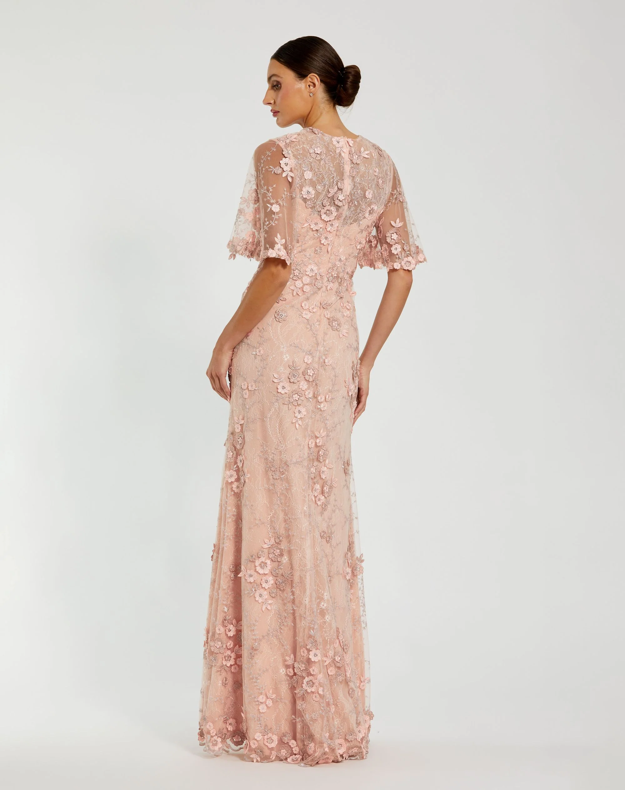 Pink Flutter Sleeve Floral Embroidered Net Gown
