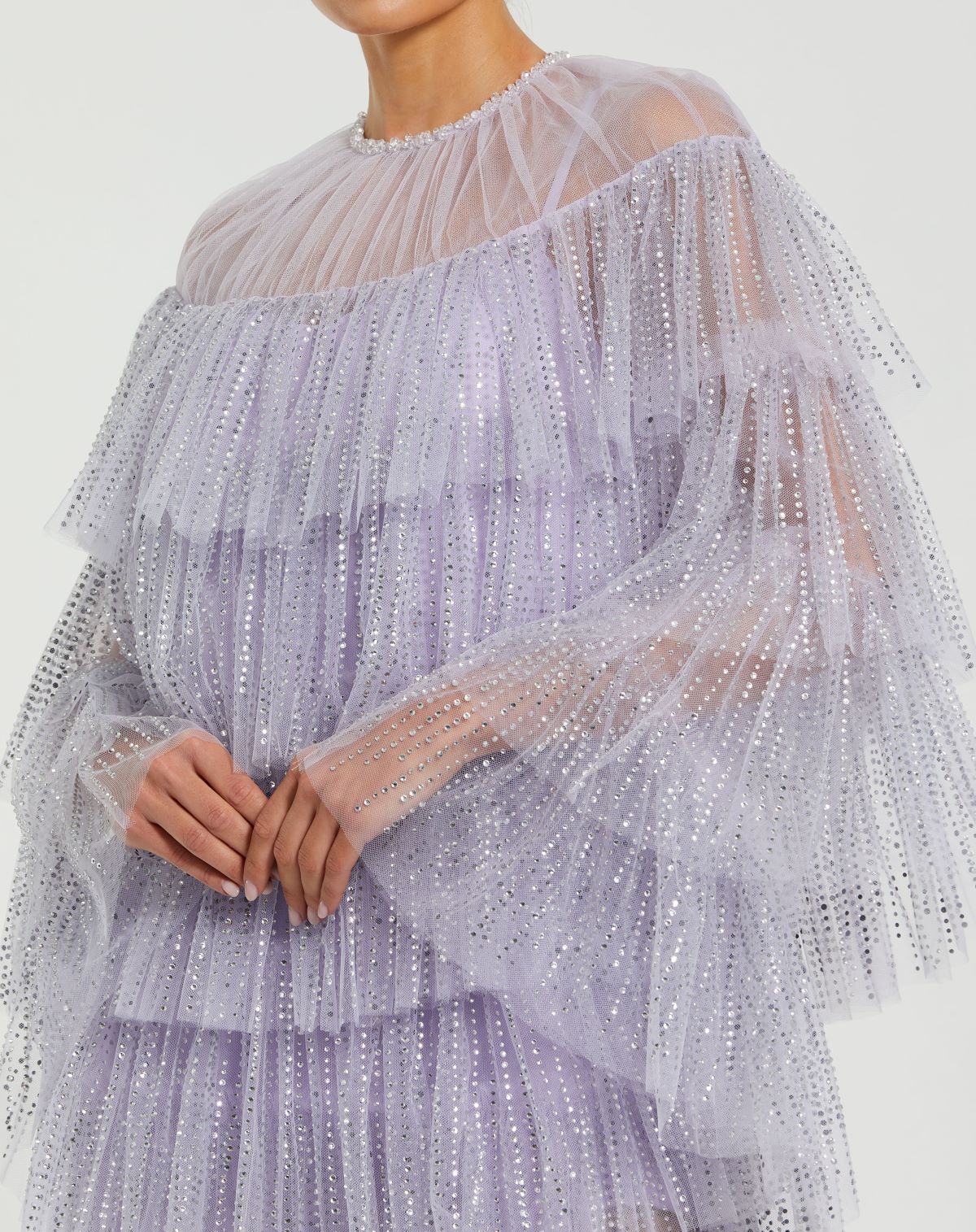 Purple High Neck Tiered Ruffle Pearl Beaded Cape Dress