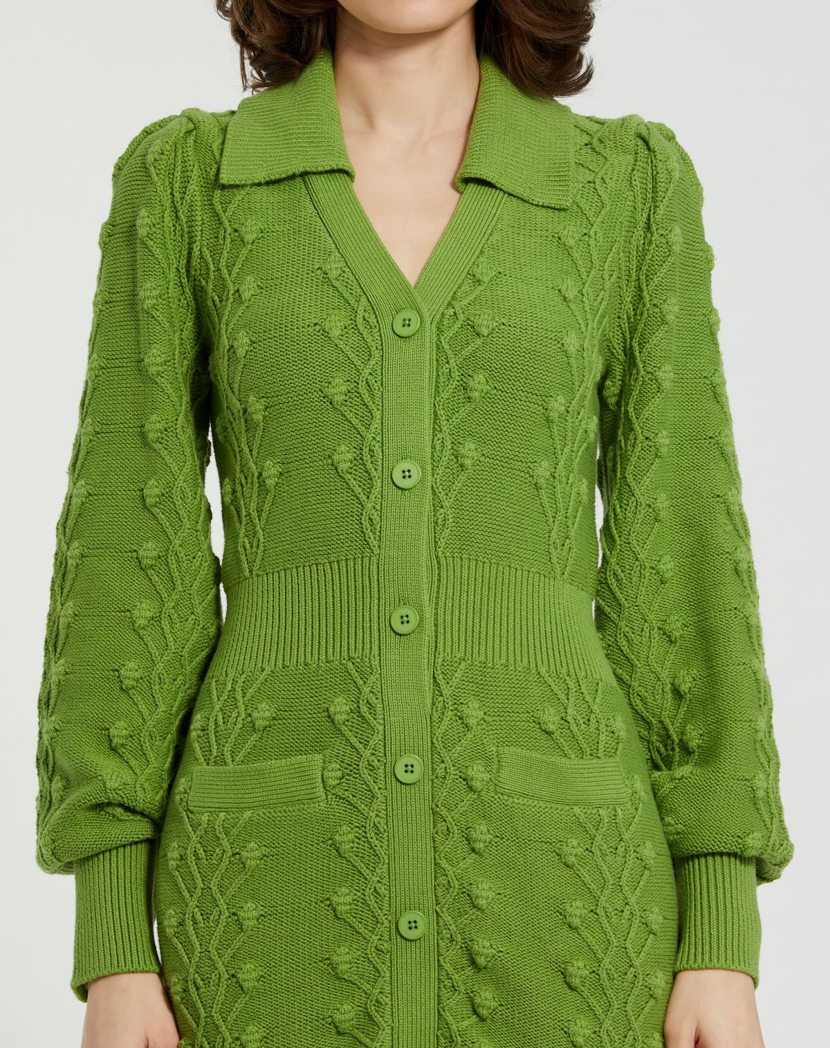 Green Long Sleeve Button Up Collared Bobble Knit Sweater Dress