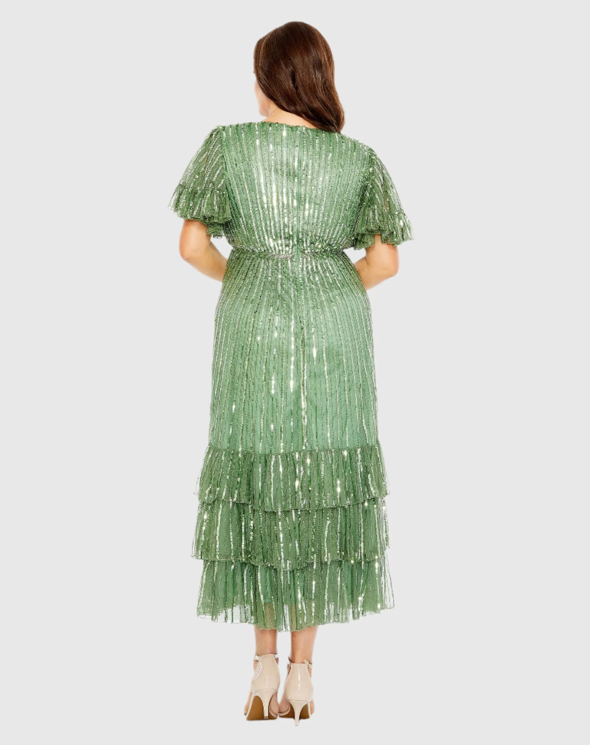 Green Sequin Faux Wrap Flutter Sleeve Ruffle Dress
