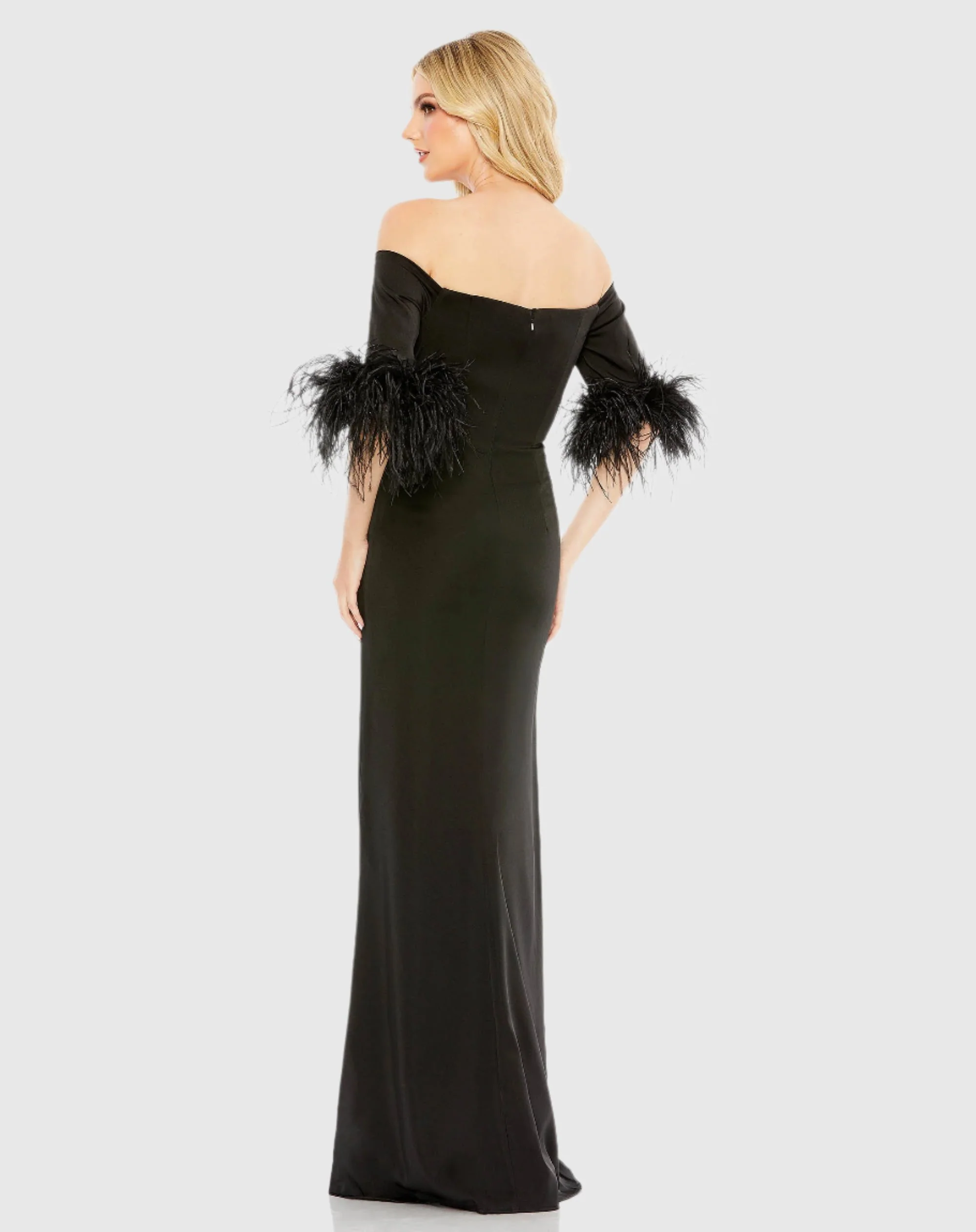 Black Feather Trim Off The Shoulder Column Gown