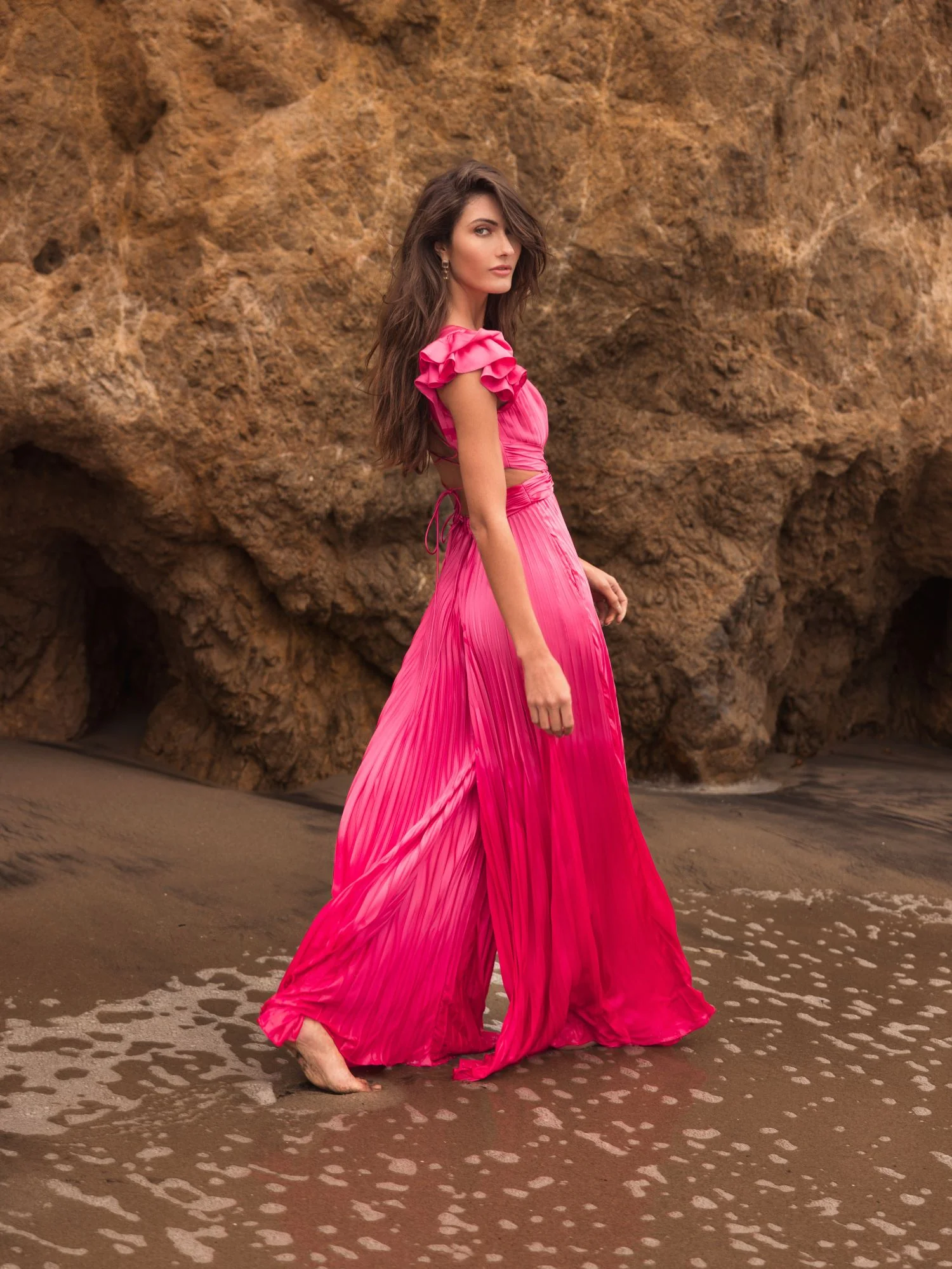 Pink Ruffle Cap Sleeve Cutout Heat Pleated Jumpsuit