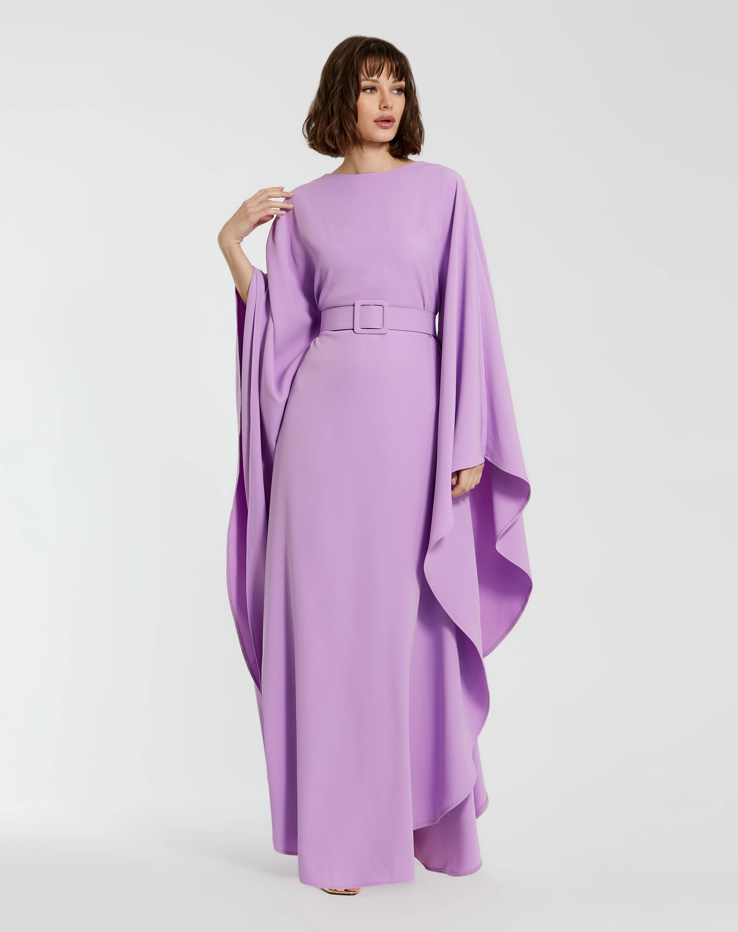 Crepe Boat Neck Caftan Dress With Belt