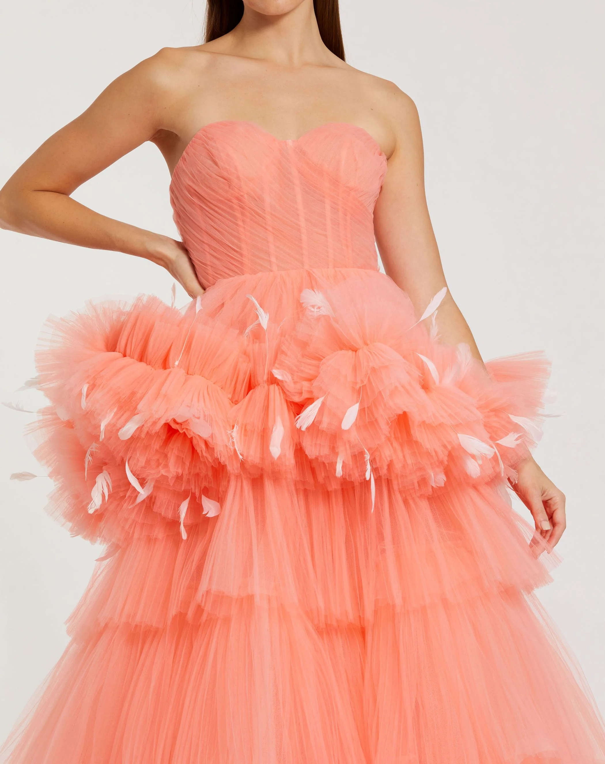 Orange Strapless Tulle Gown with Feather Detail