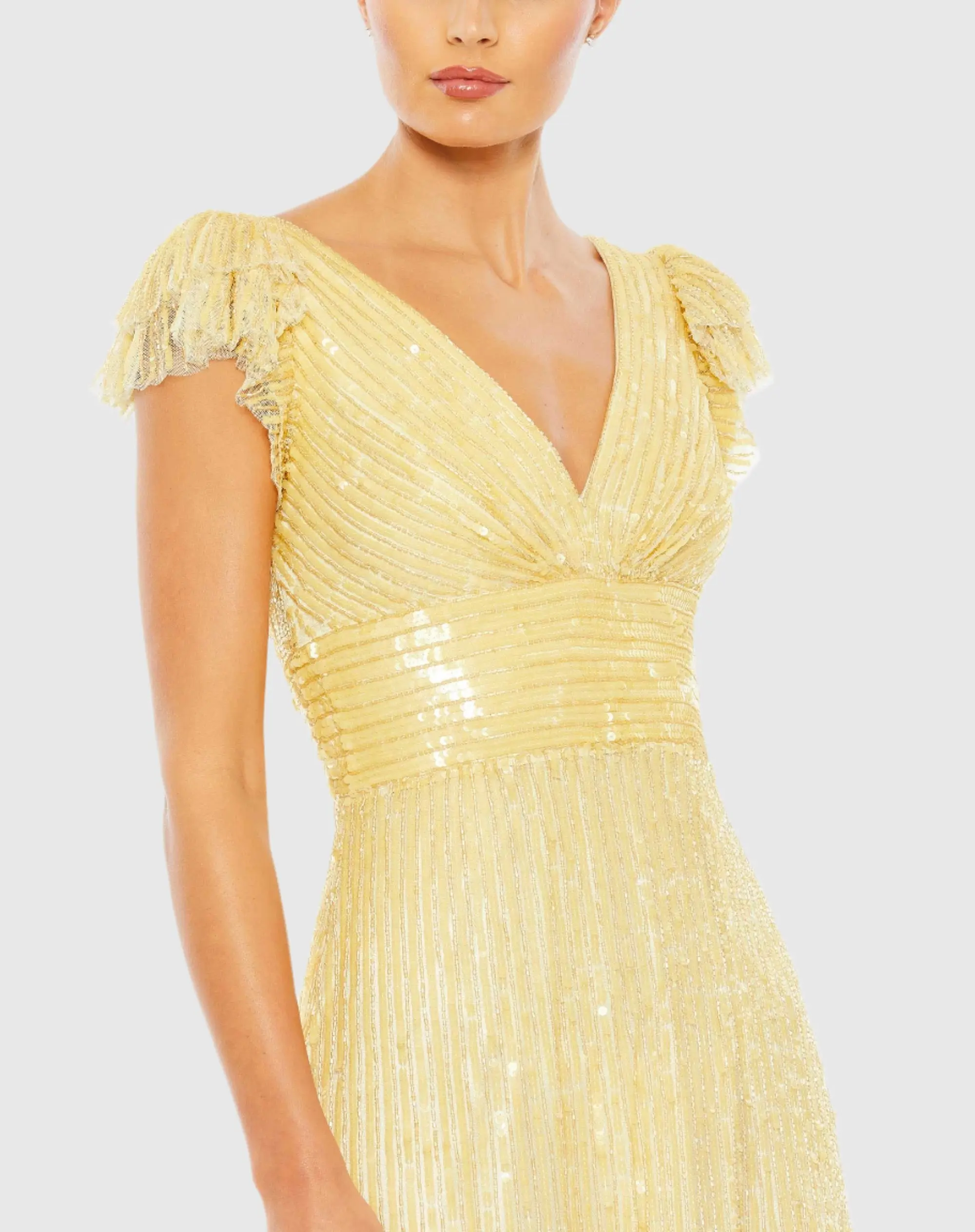Yellow Embellished Flutter Cap Sleeve A Line Gown