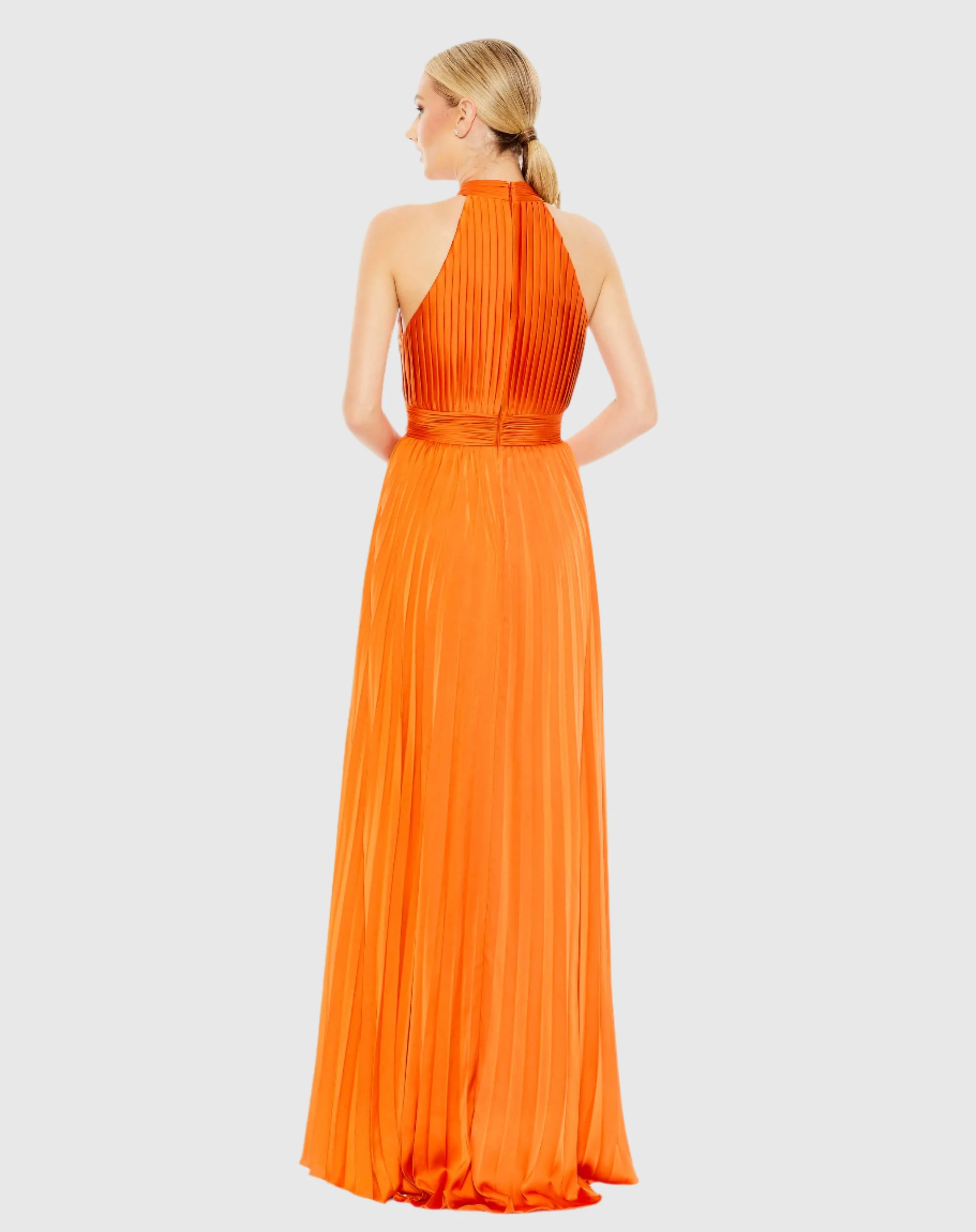 Orange Pleated High Neck Satin Sleeveless Halter Gown