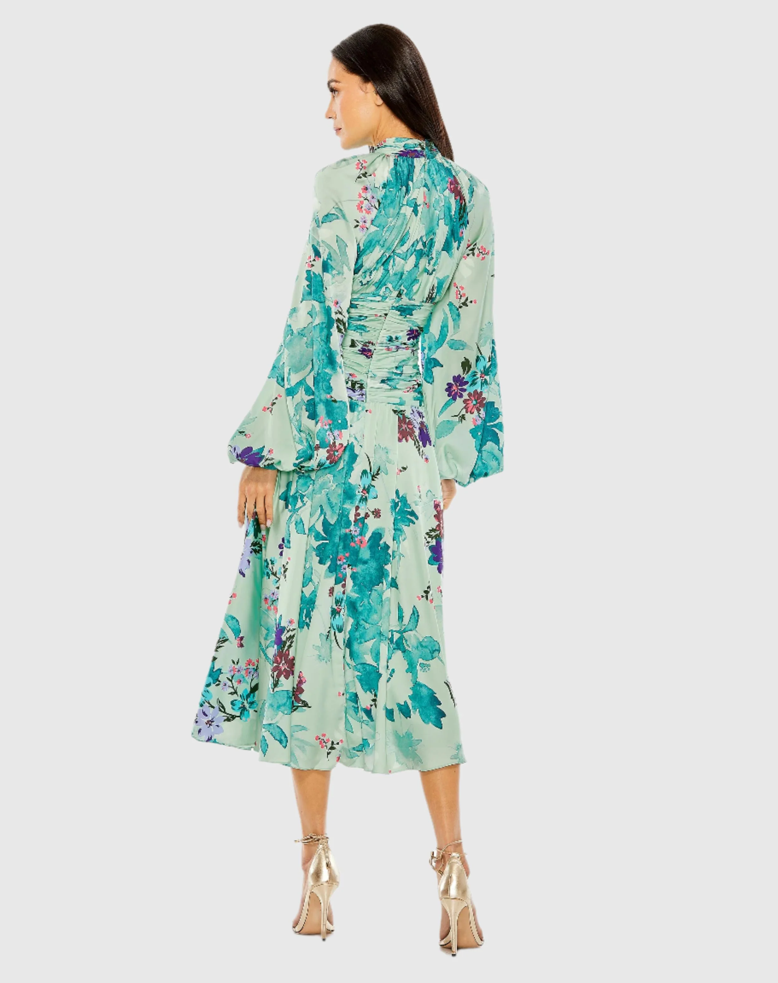 Green Keyhole Satin Long Sleeve Floral Gown