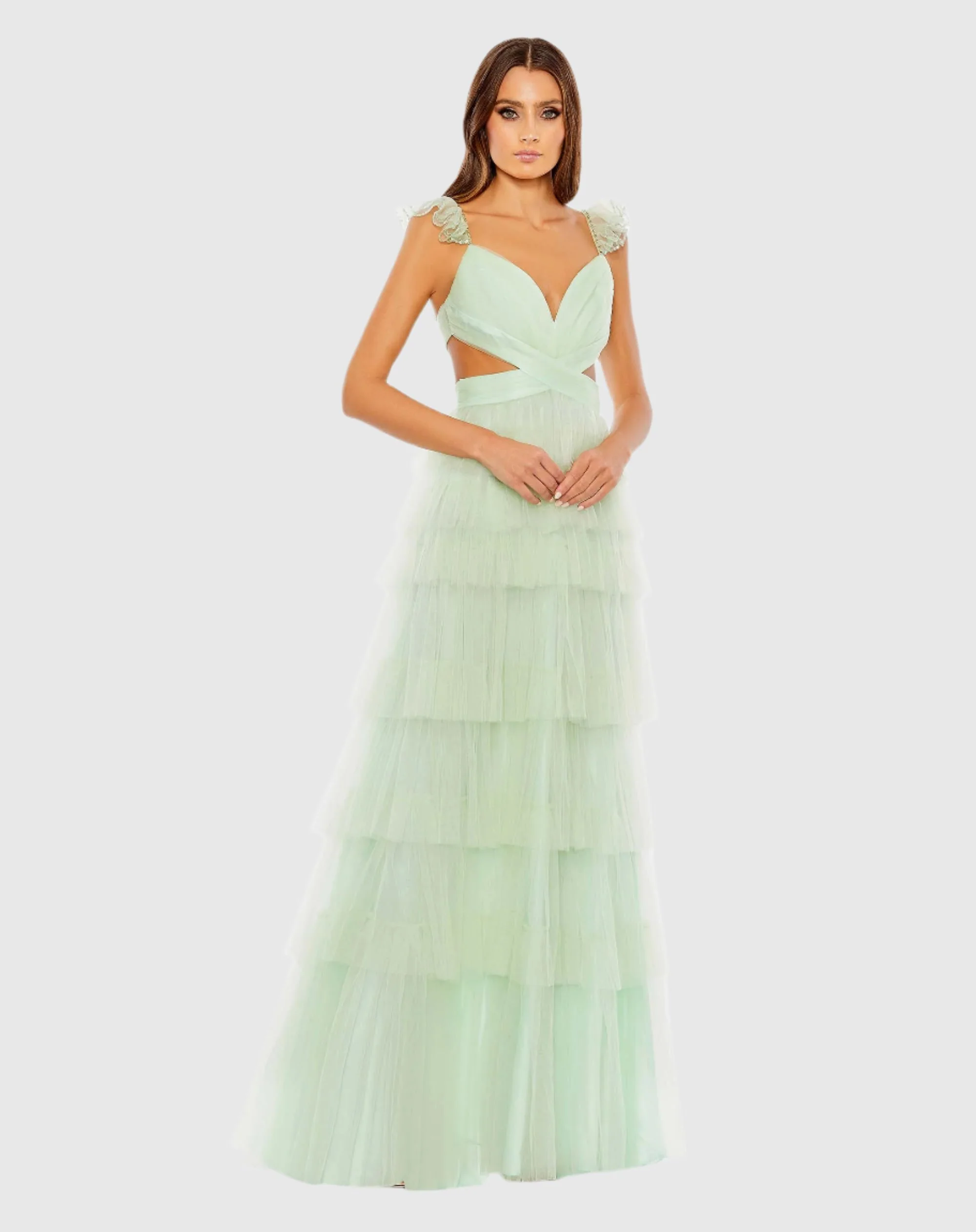 Green Ruffle Tiered Tulle Cut Out Gown