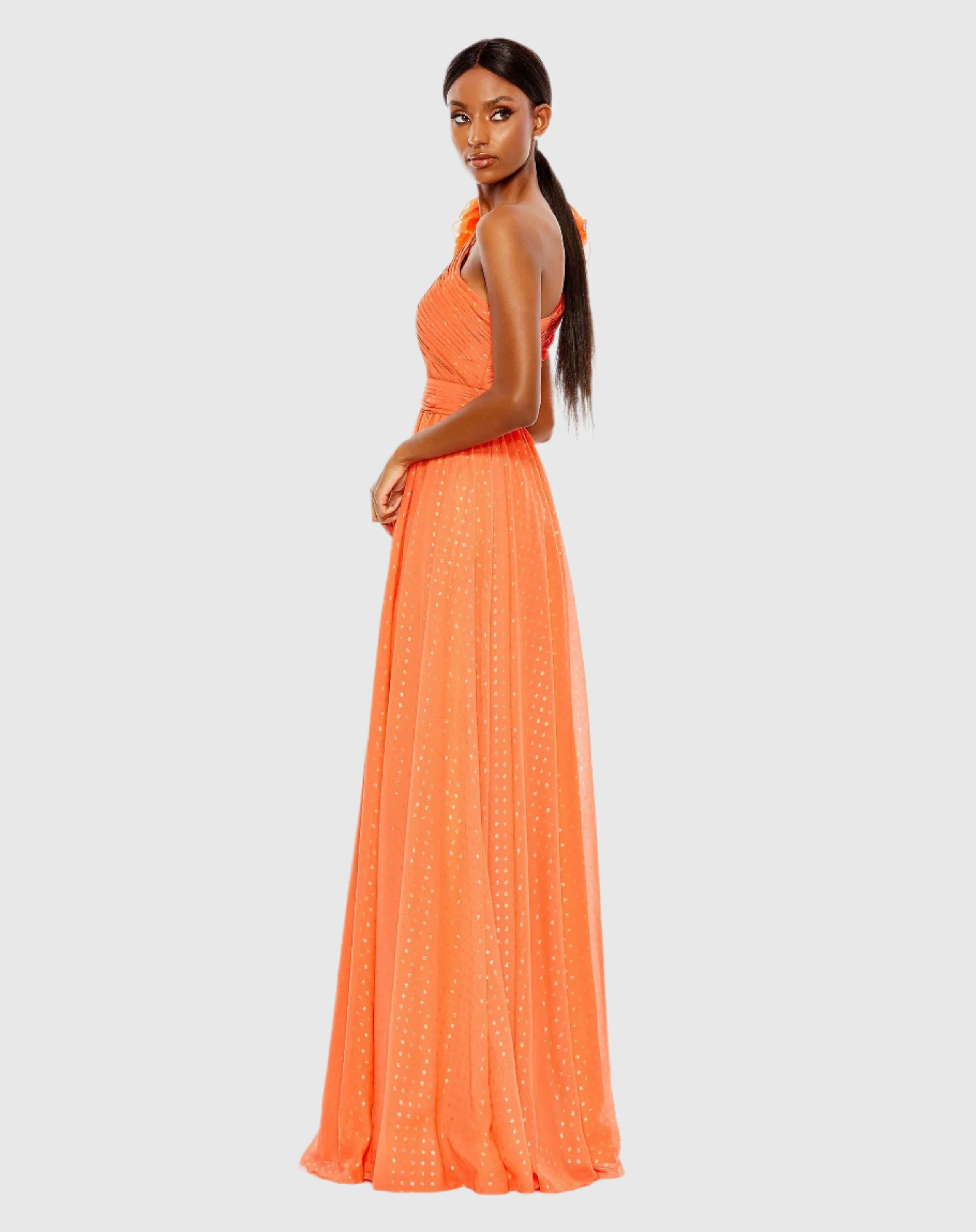 Orange Polka Dot Ruffled One Shoulder Gown