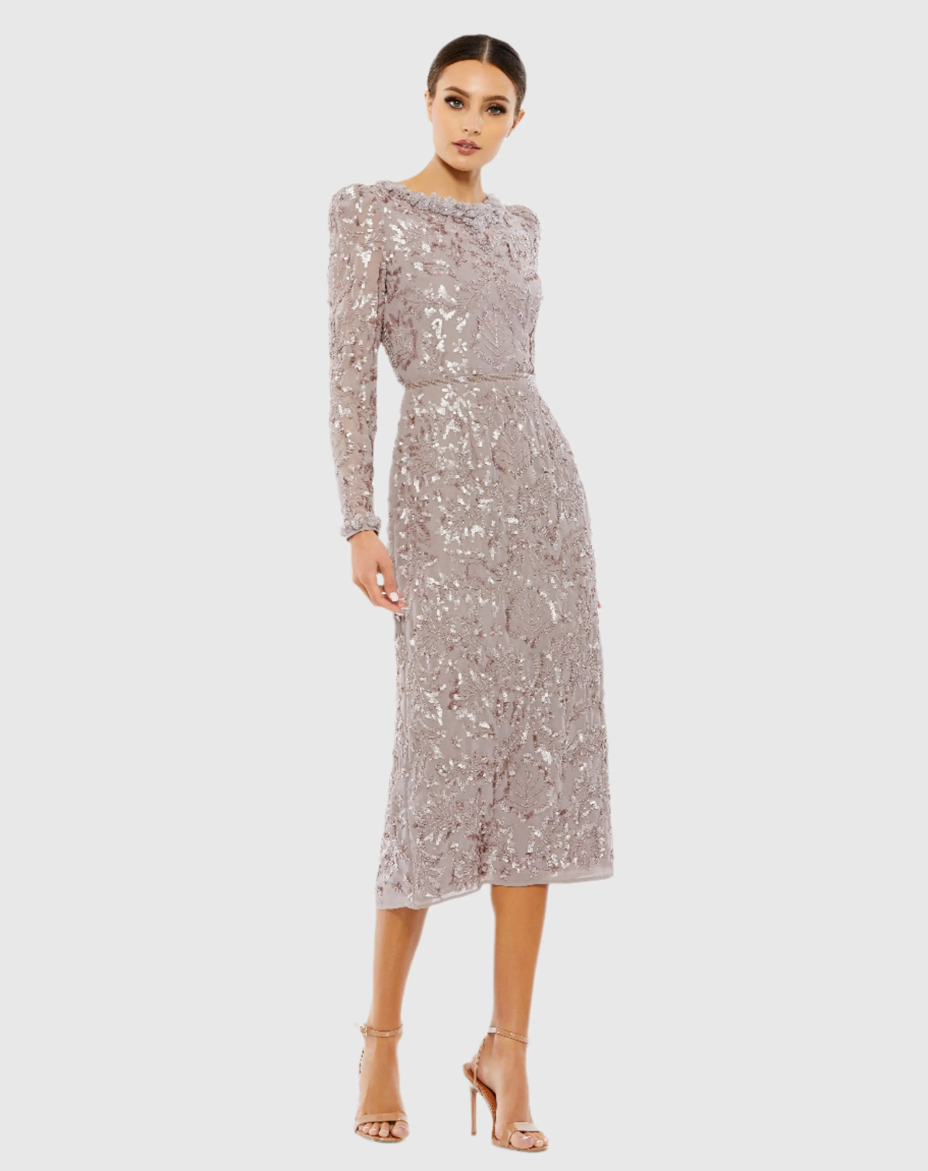 Light Purple Embellished High Neck Puff Sleeve Fitted Dress