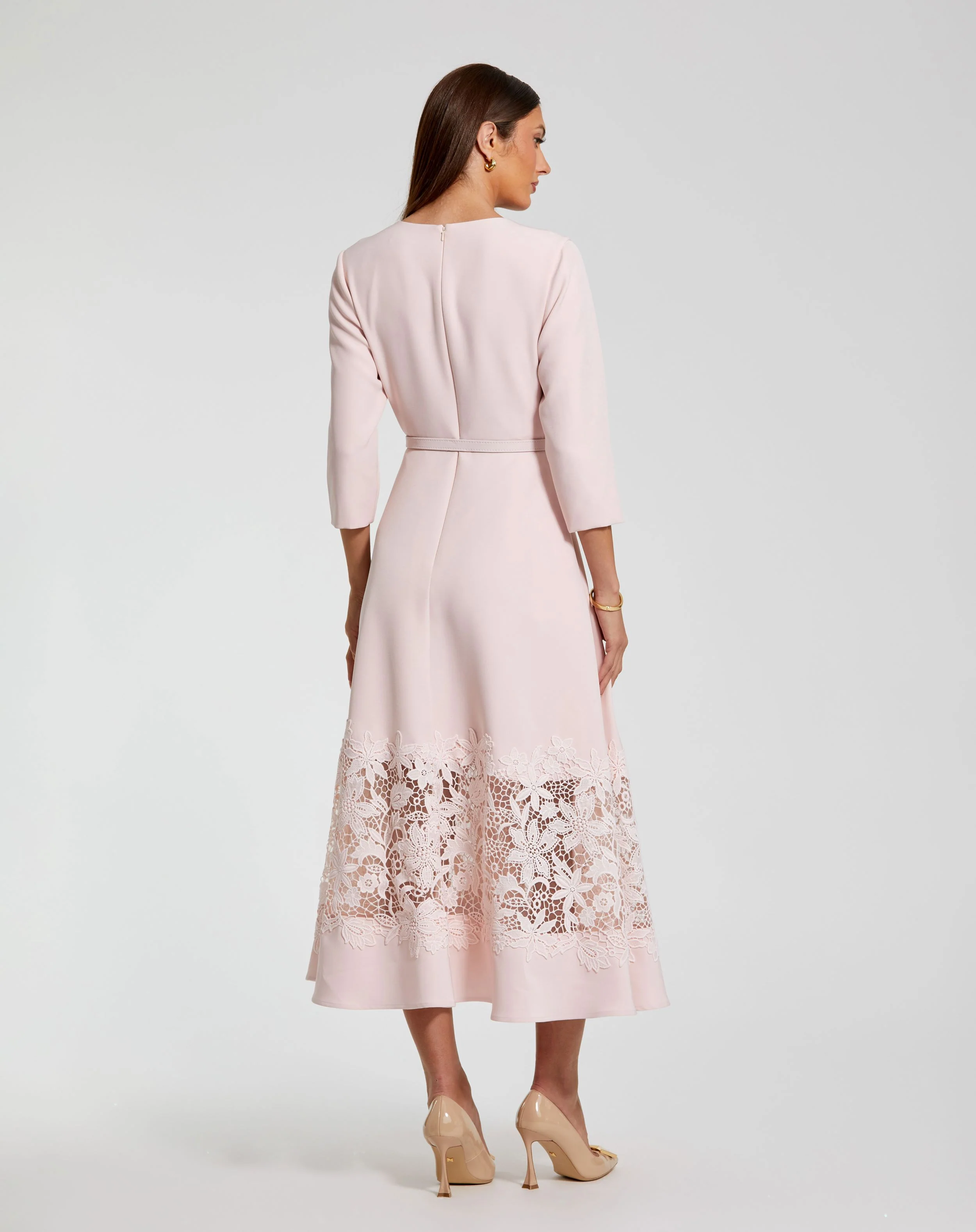 Pink Crepe Boat Neck Midi Dress With Applique Cut Out