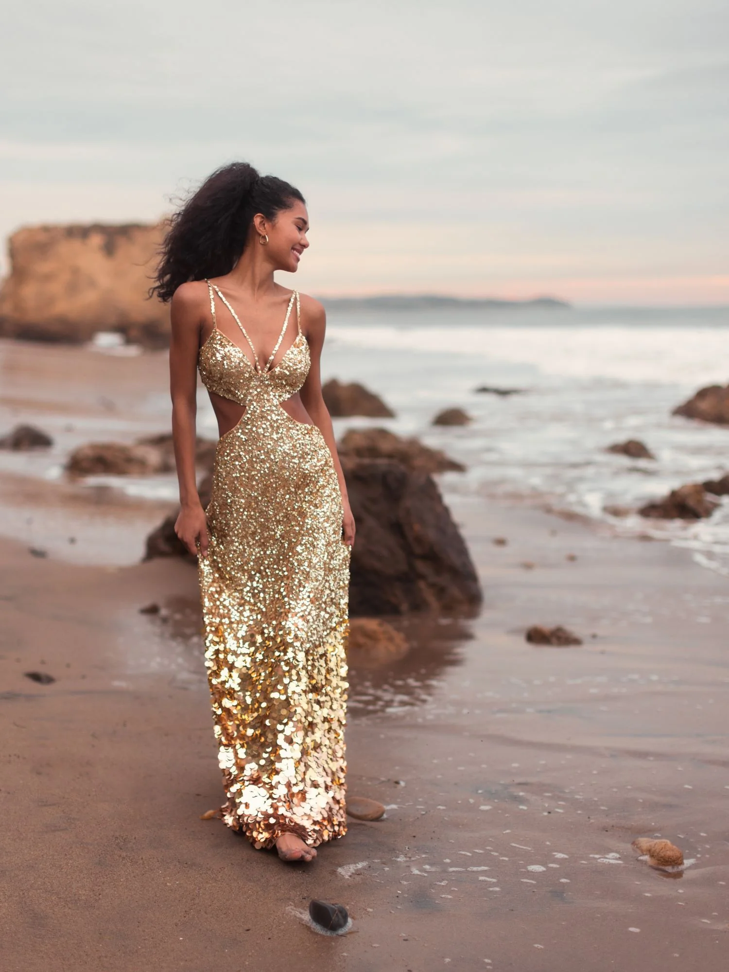 Gold Thin Strap Cut Out Gown With Ombre Sequins
