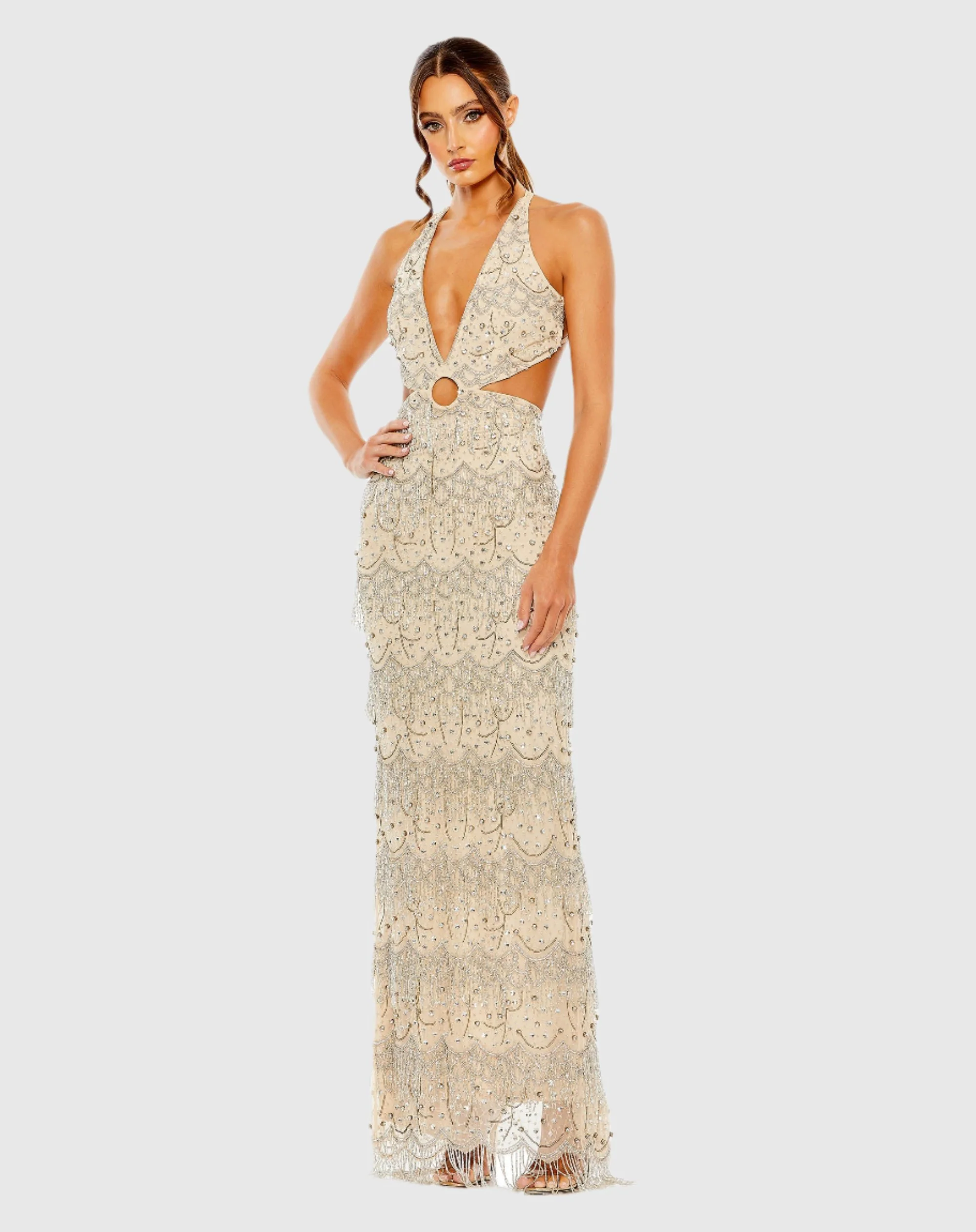 Beige Open Back Cut Out Fringe Embellished Gown