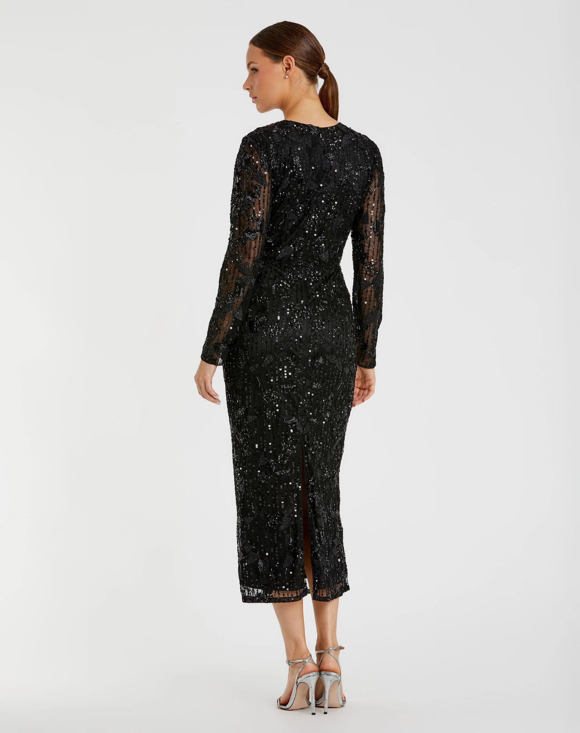 Black High Neck Long Sleeve Embellished Dress