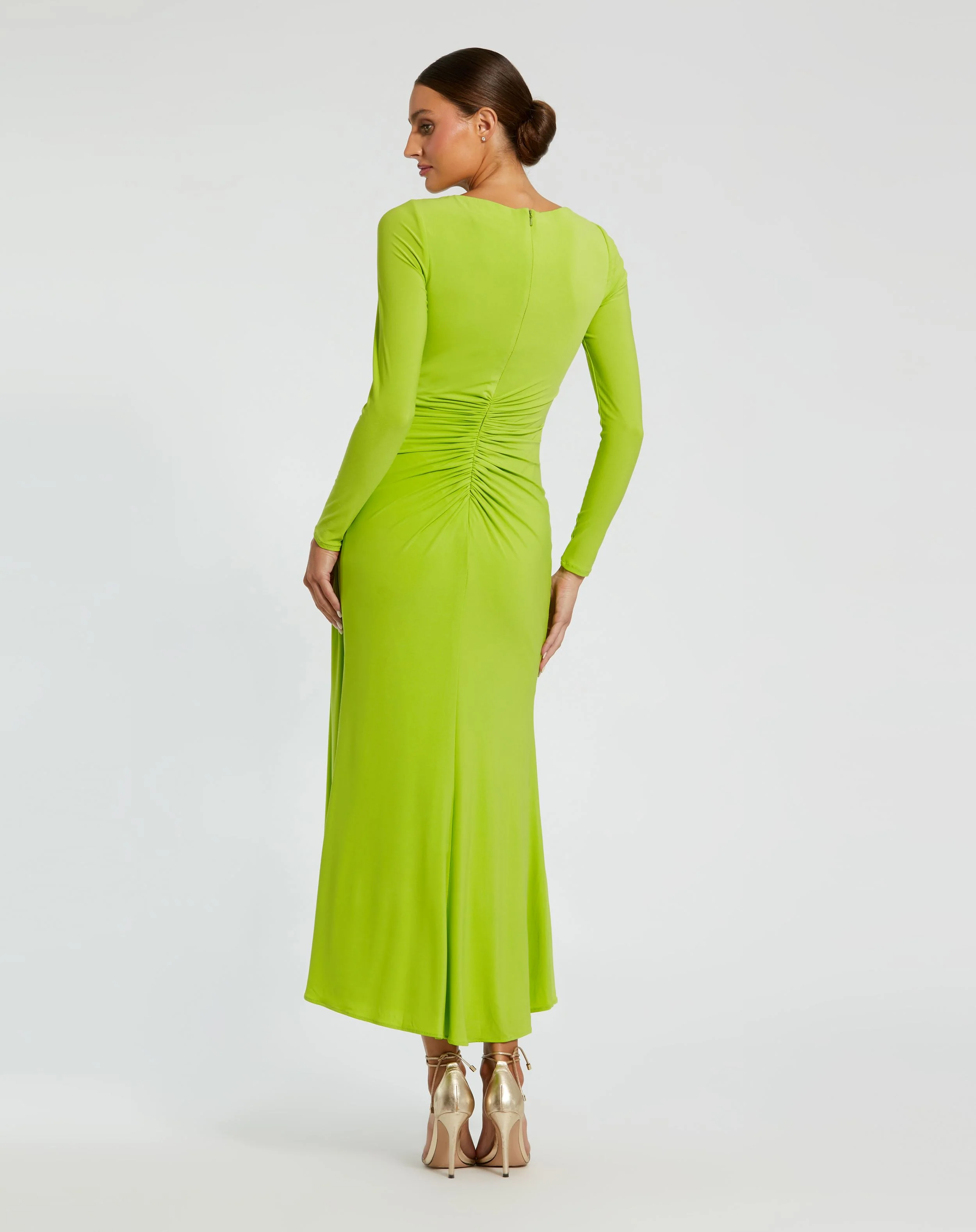 Green Ruched Long Sleeve Ruffle Hem Dress