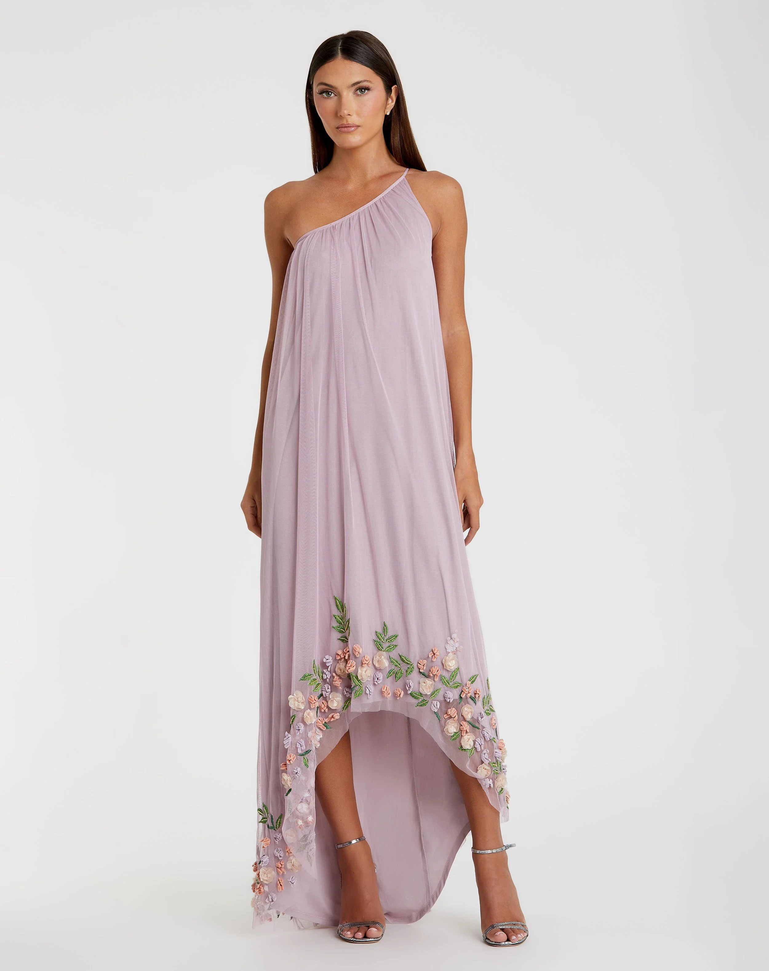 Purple One Shoulder Trapeze Embellished High Low Gown