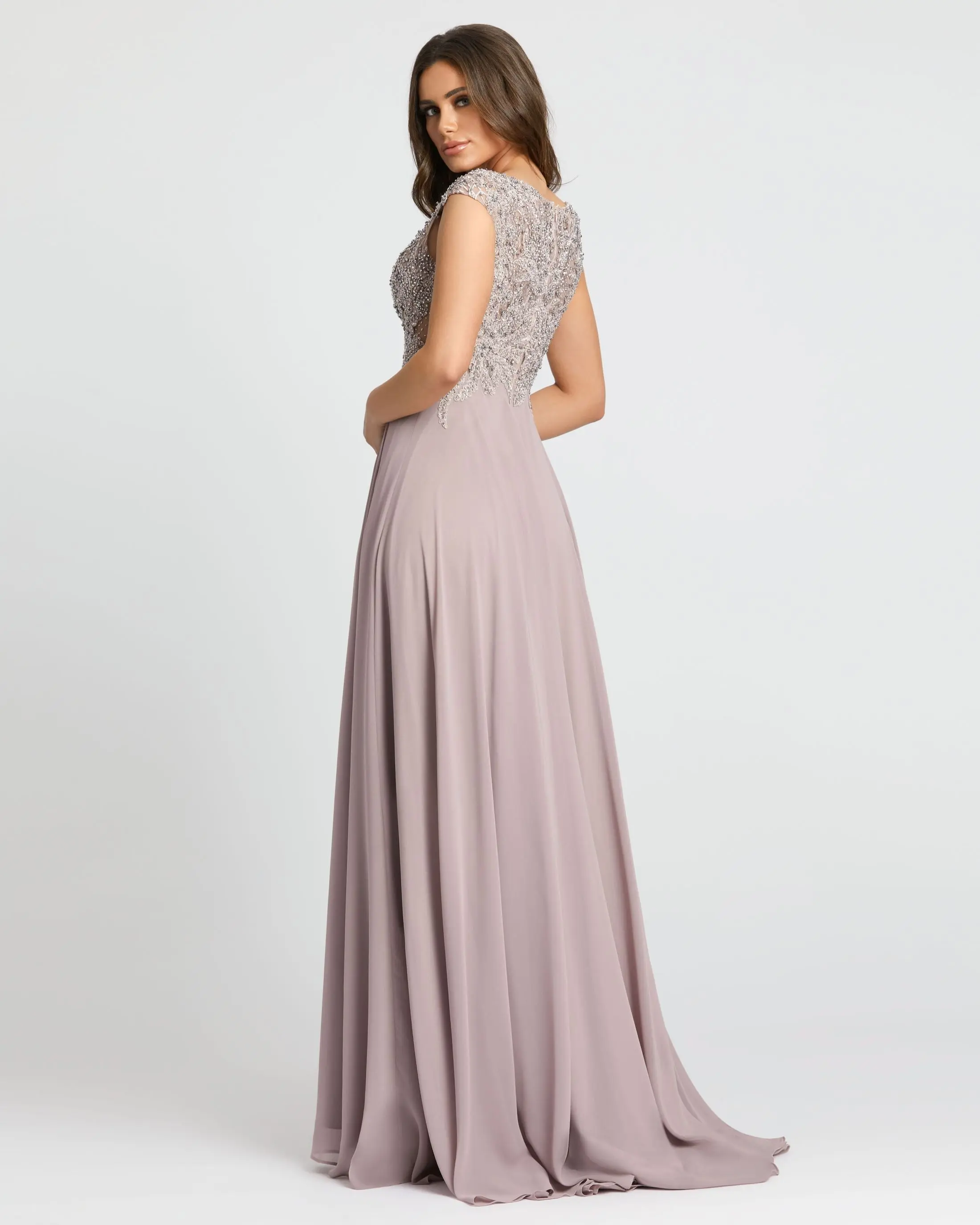 Light Purple Applique Cap Sleeve Bodice Flowy Gown
