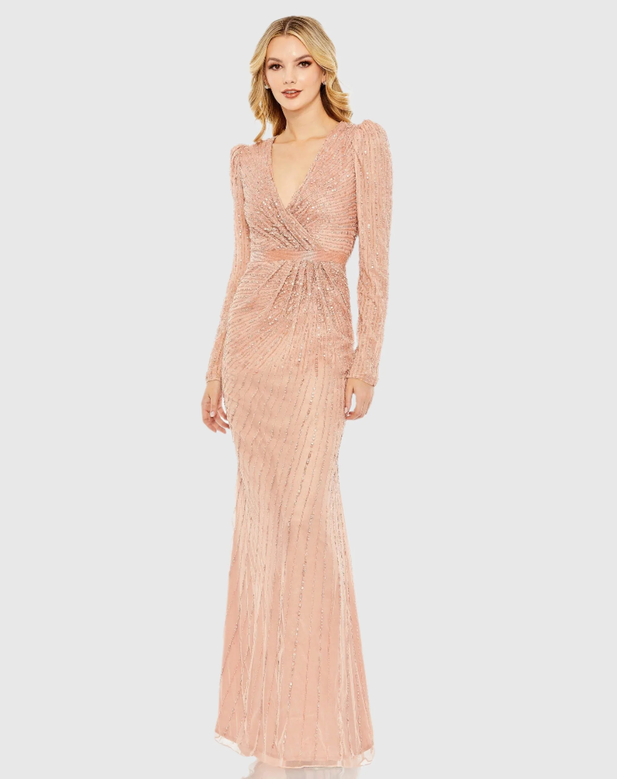Pink Sequined Wrap Over Long Sleeve Gown
