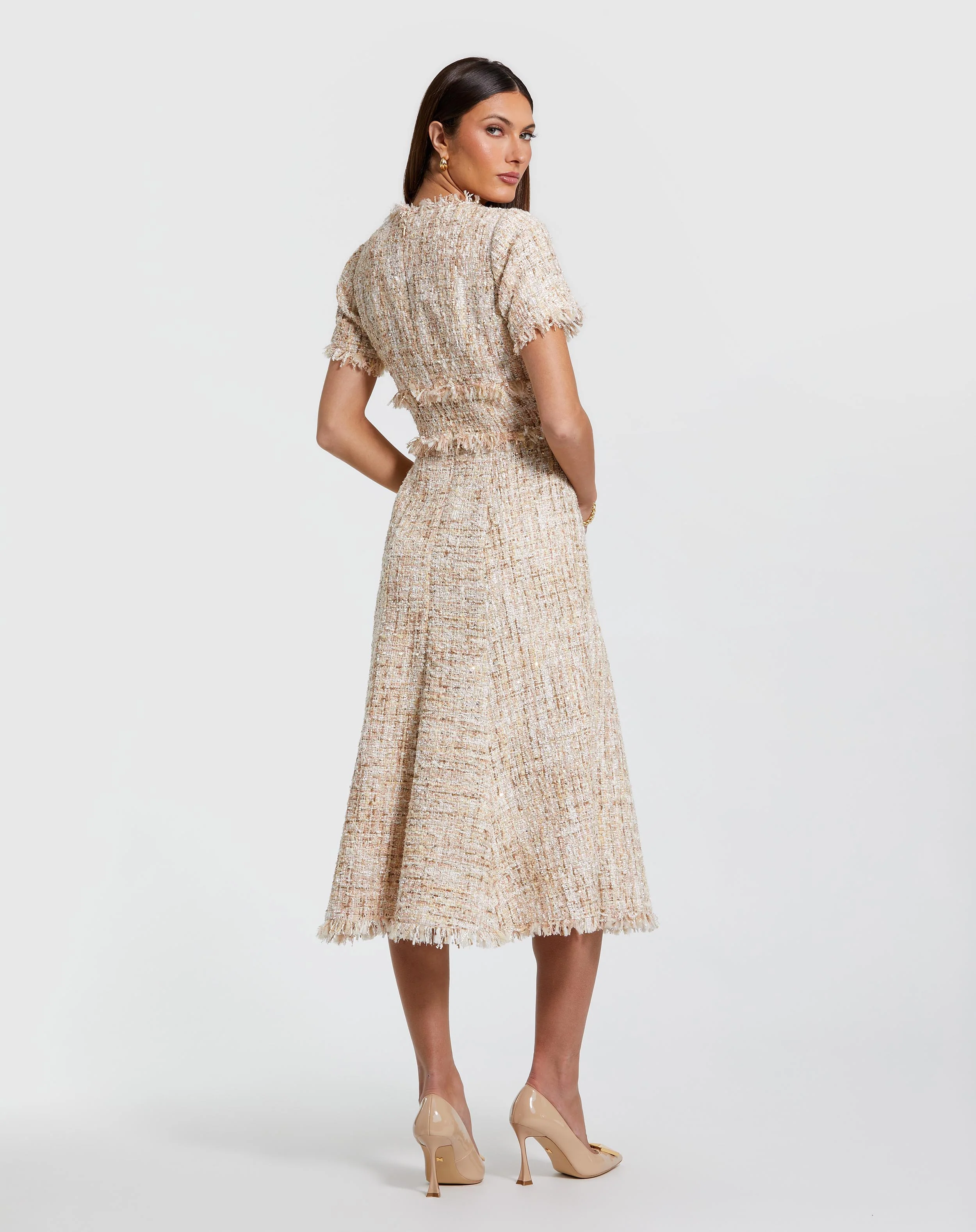 Beige Boucle Short Sleeve A Line Midi Dress