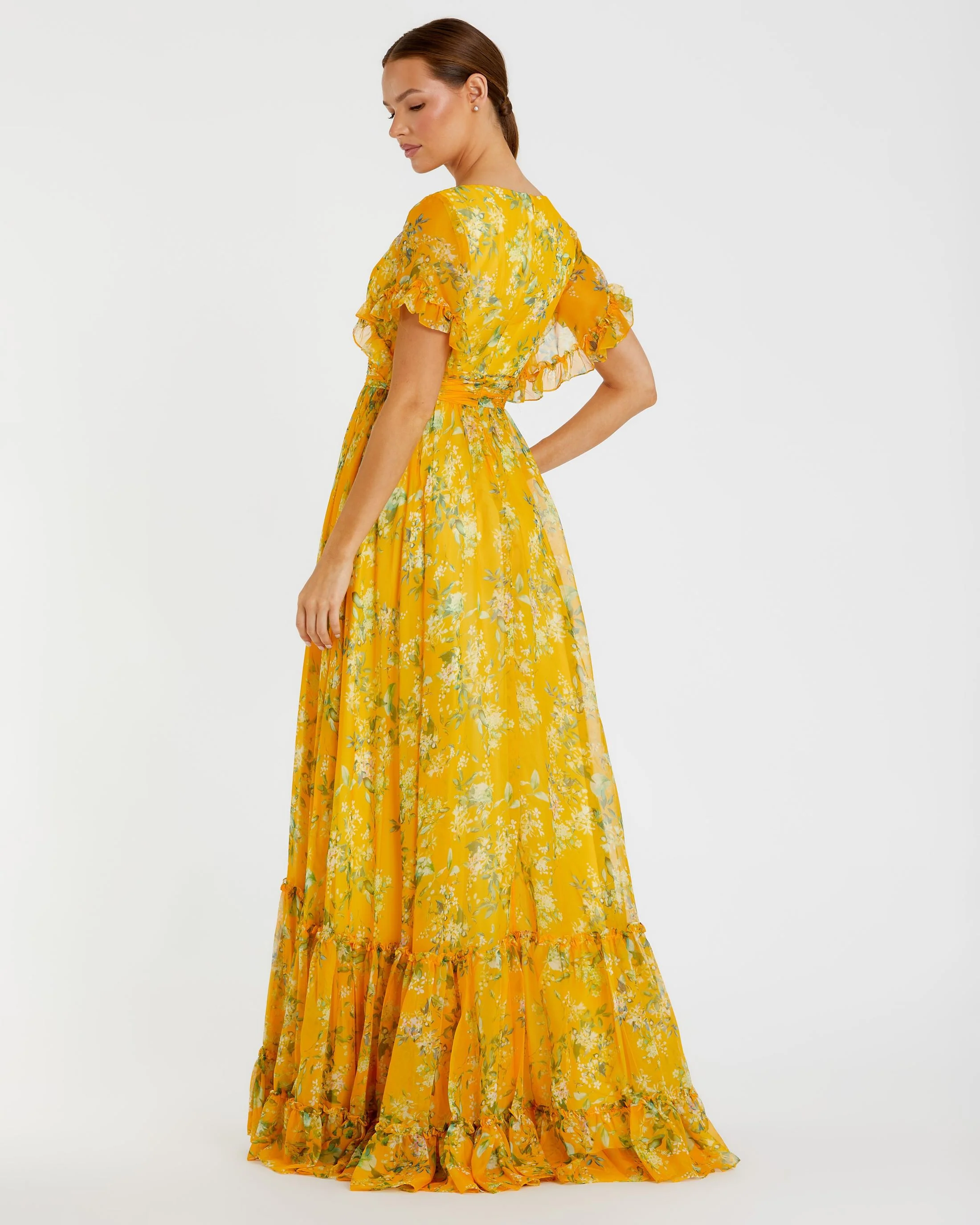Yellow Multicolor Flounce Sleeve Floral Maxi Dress