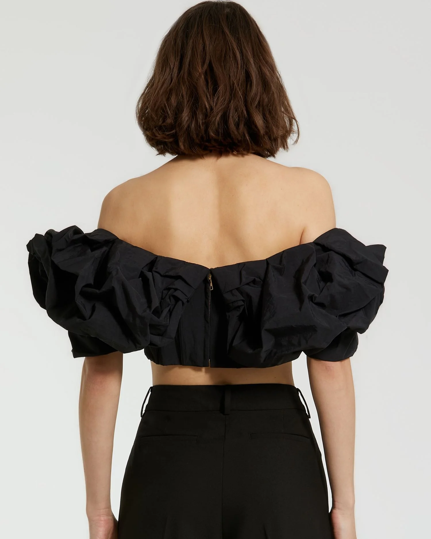 Black Faille Off The Shoulder Bustier Ruffle Top - FINAL SALE