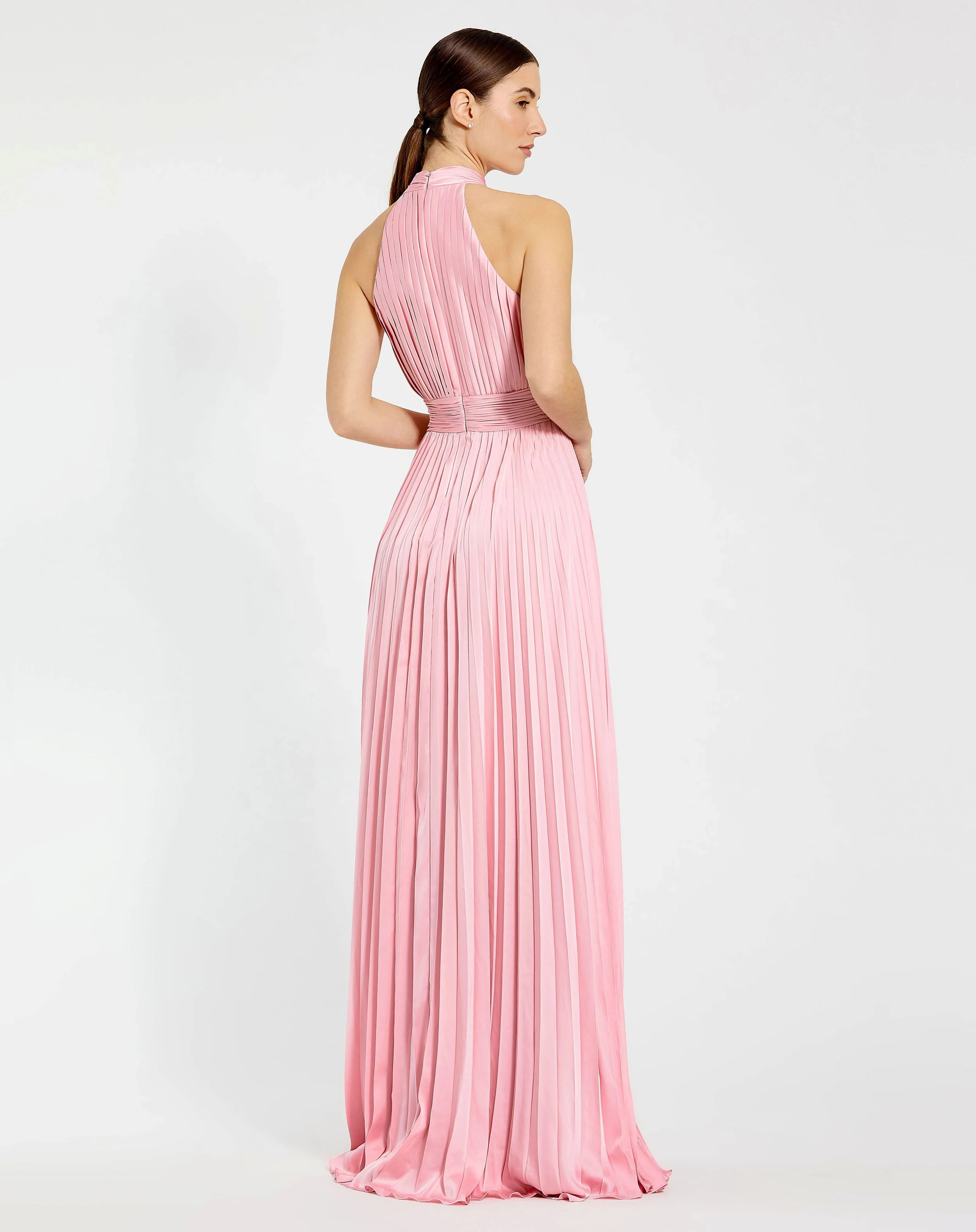 Pink Pleated High Neck Satin Sleeveless Halter Gown