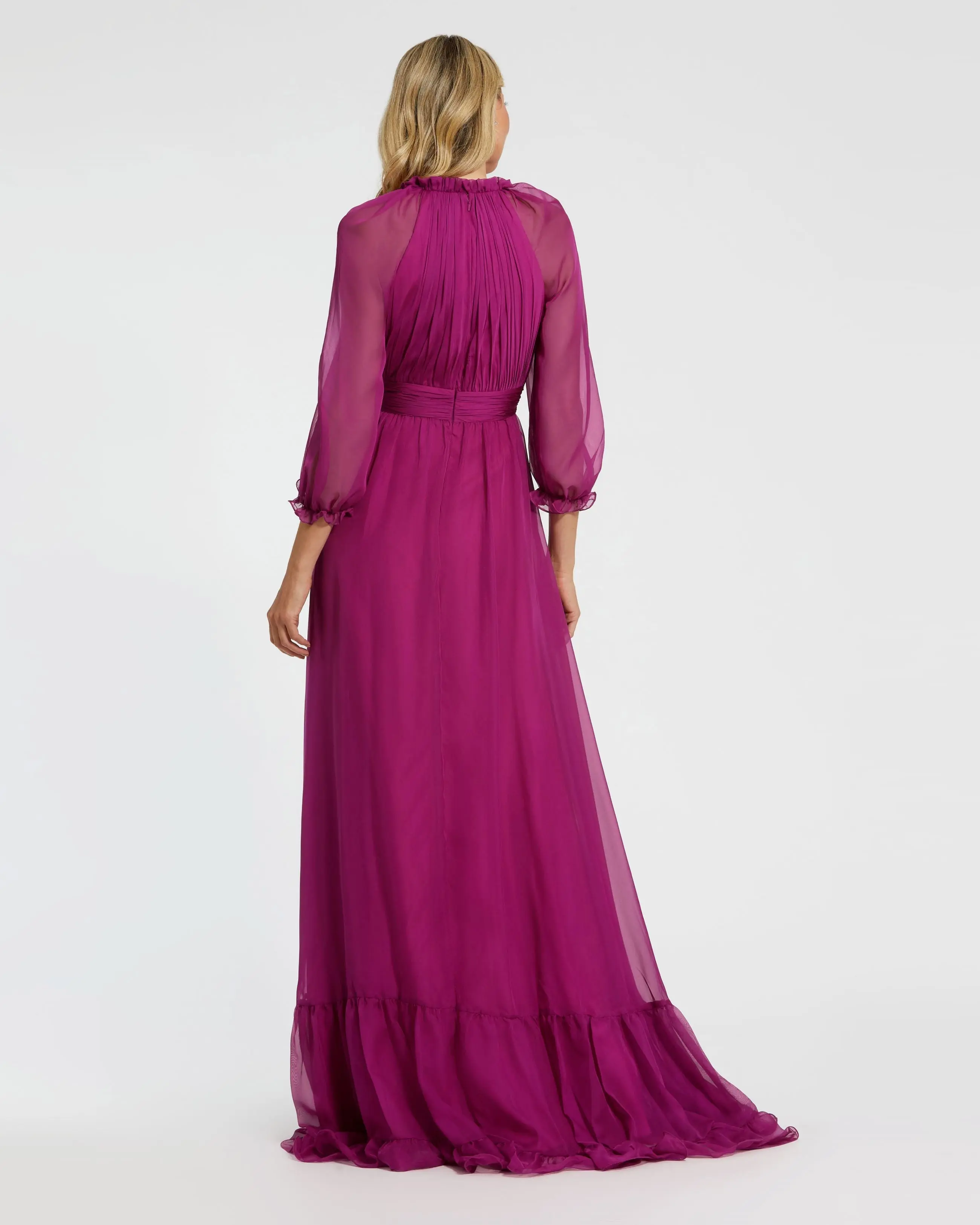 Purple Chiffon Ruched Illusion Raglan Sleeve Ruffled Gown