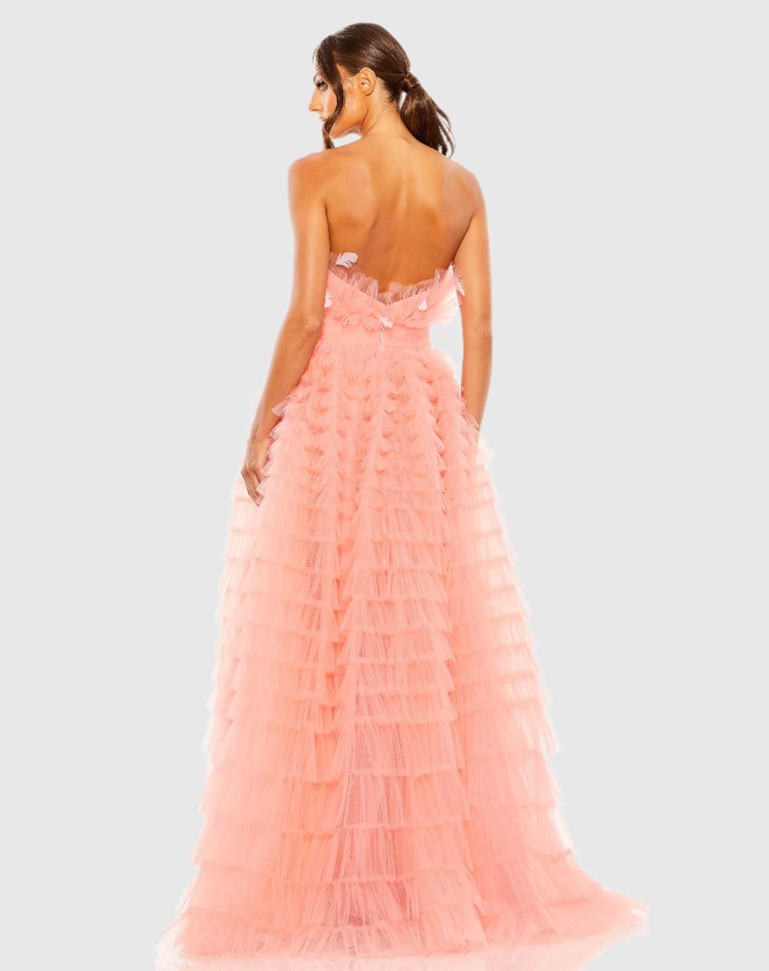 Pink Strapless Ruffle Gown with Feathers