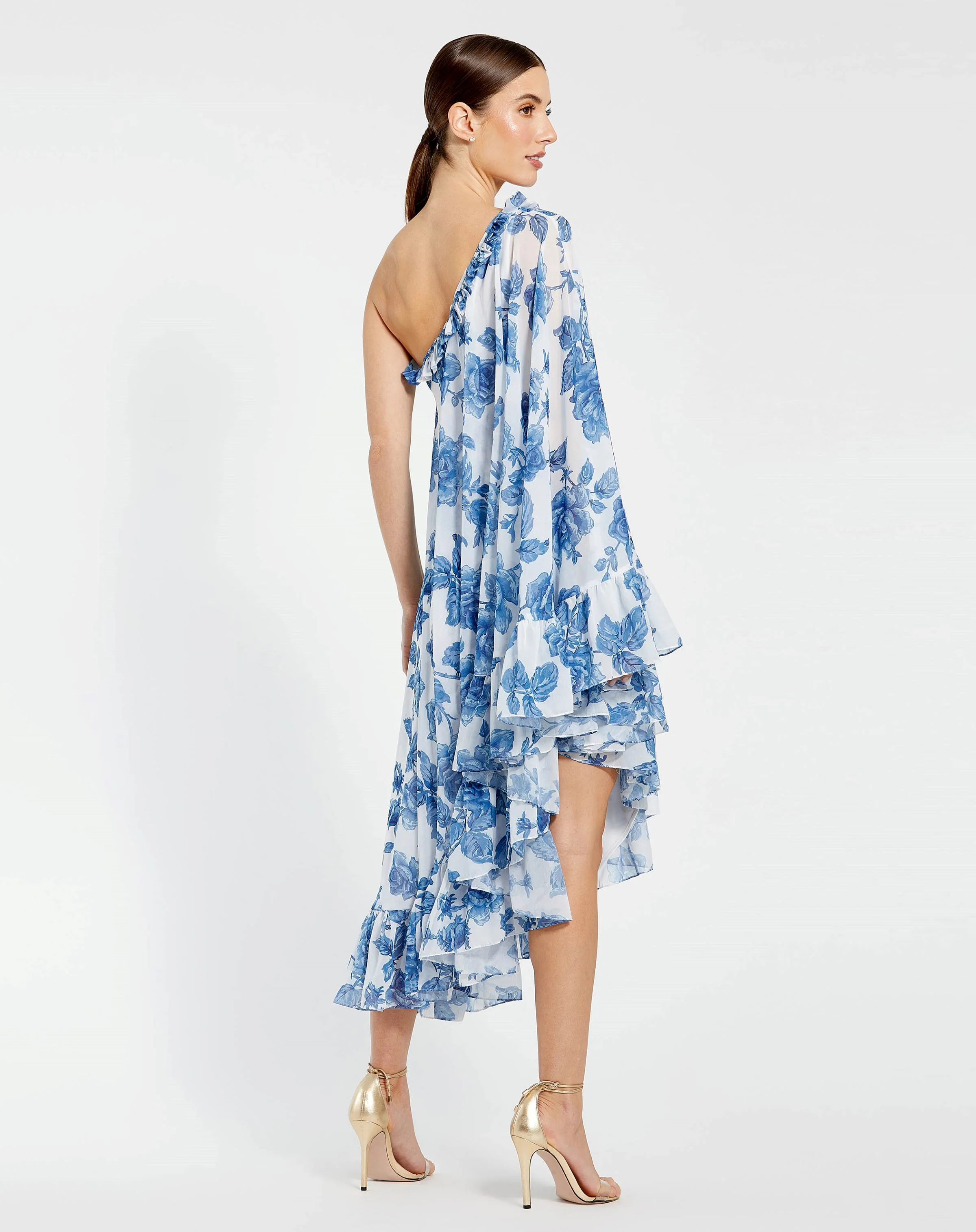 Floral Print One Shoulder Cape Dress