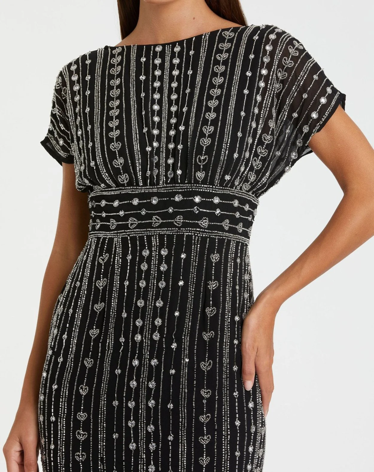 Black Beaded Cap Sleeve Column Midi Dress