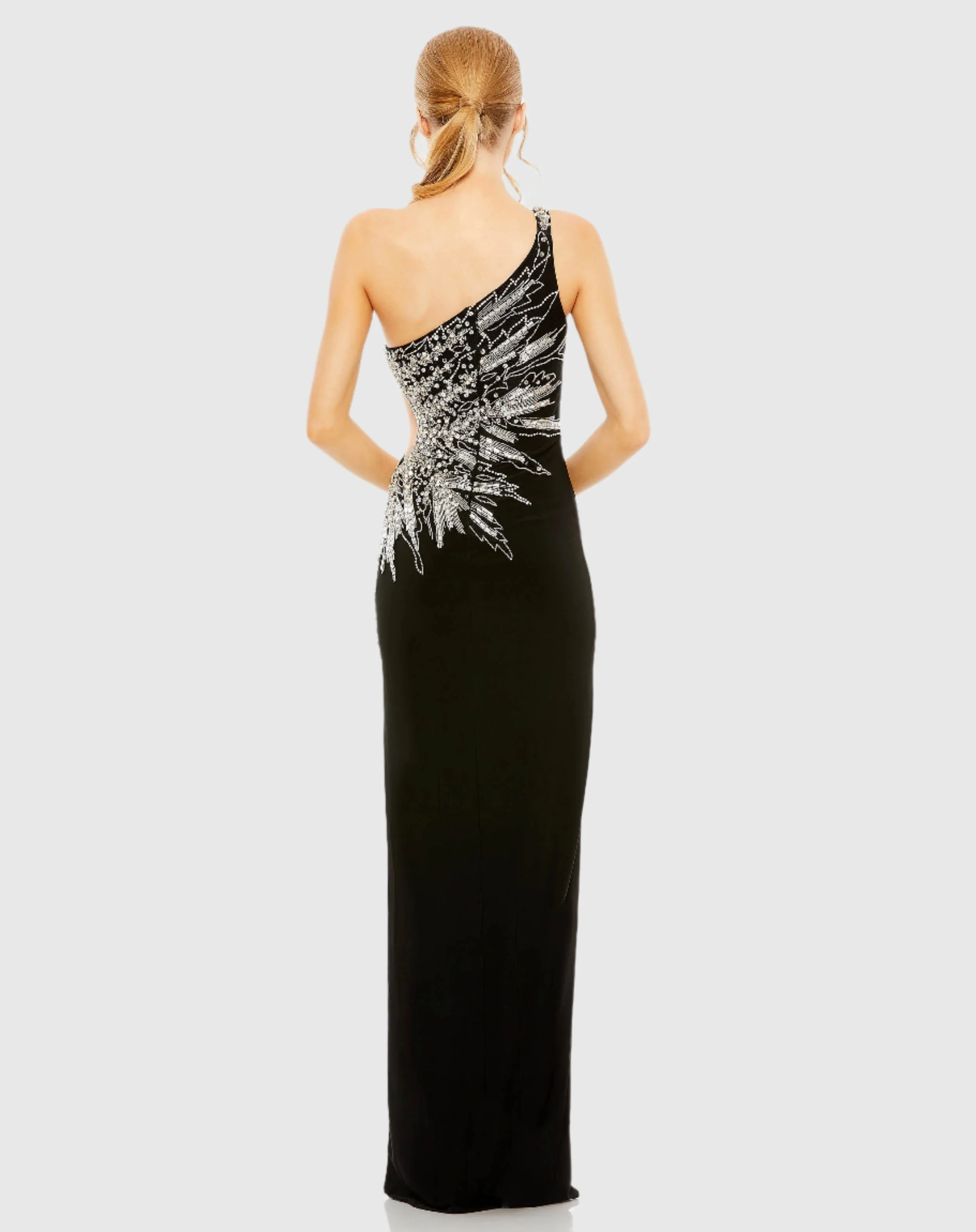 Black One Shoulder Cut Out Embellished Gown