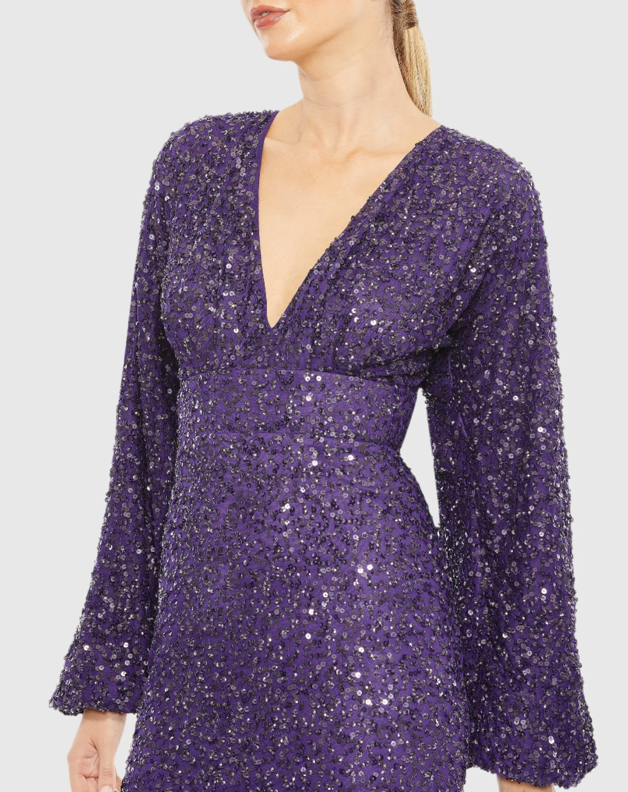 Purple Sequined Puff Sleeve V Neck Gown
