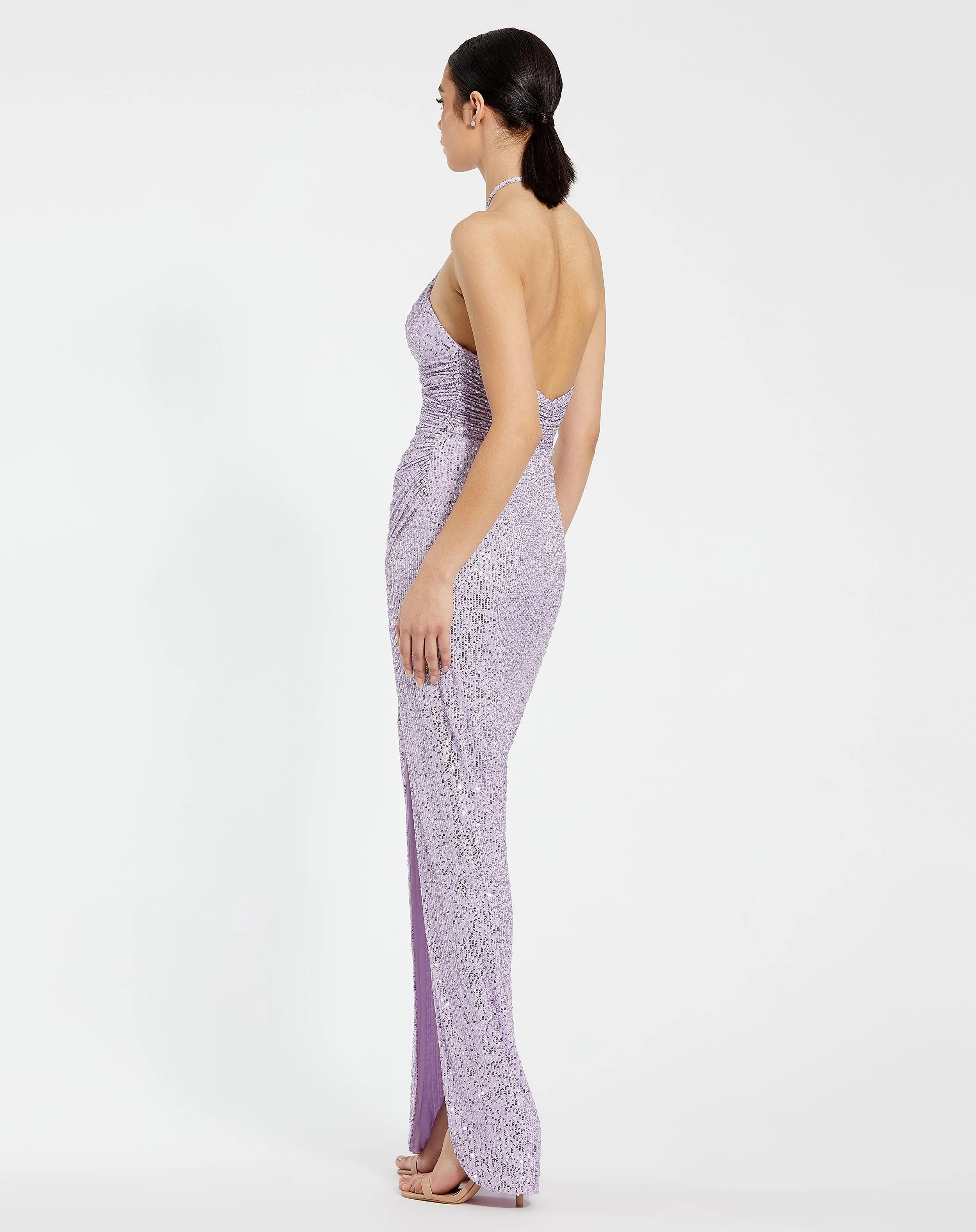 Purple Halter Neck Ruched Side Front Slit Sequin Gown