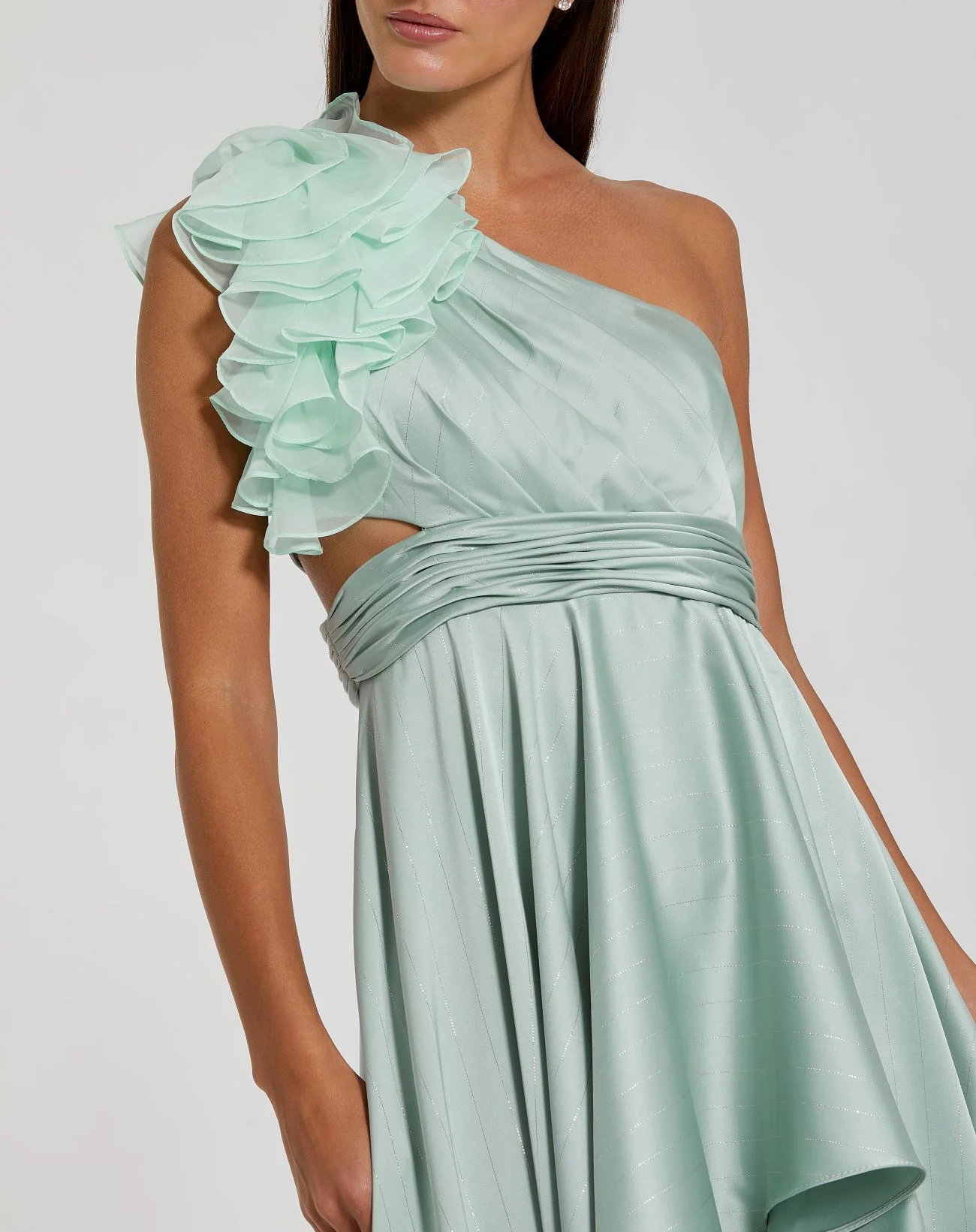 Green Ruffled One Shoulder Cut Out Hi-Low Gown