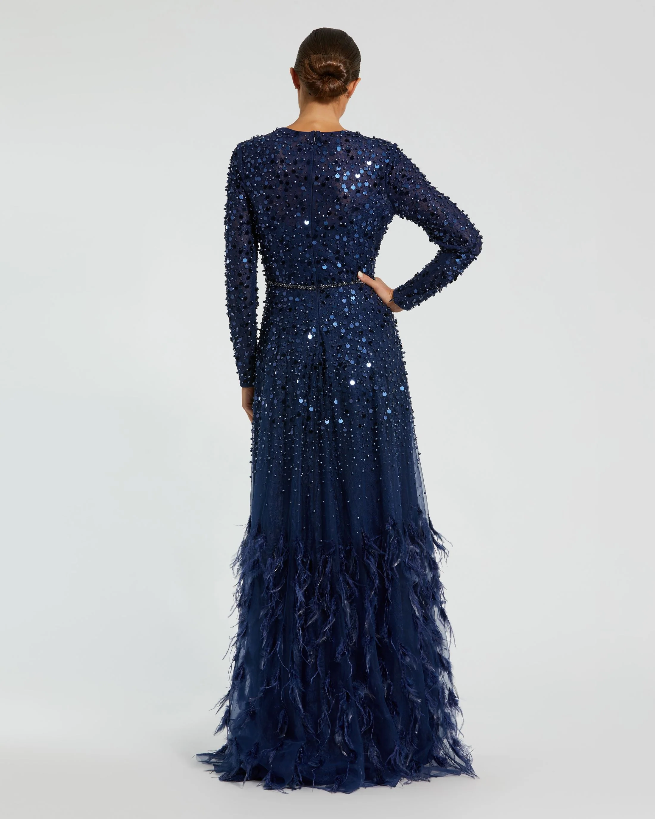 Navy Disc Embellished Sequin Gown with Feather Detail