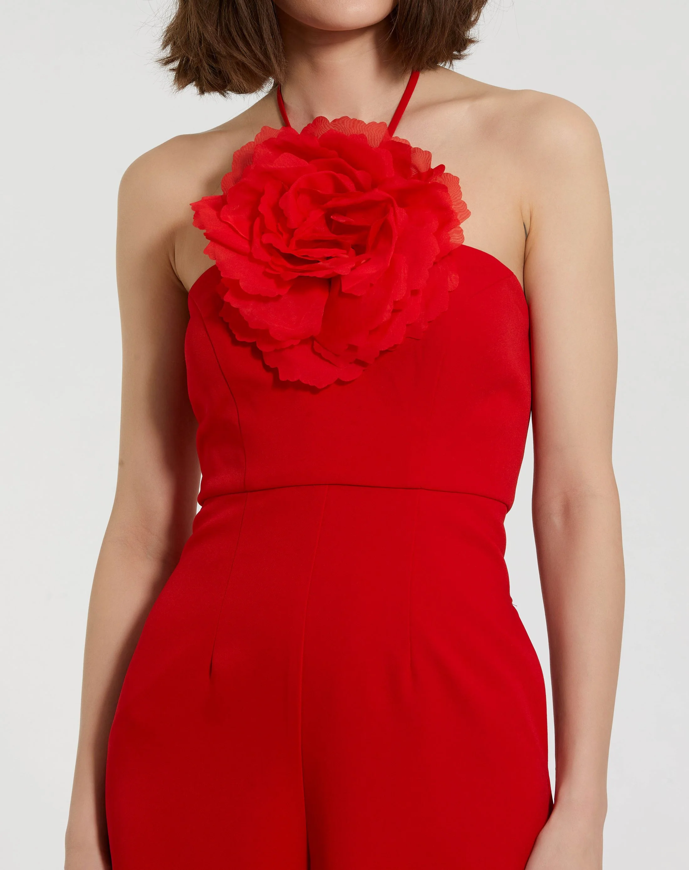 Red Halter Neck Crepe Jumpsuit With Flower