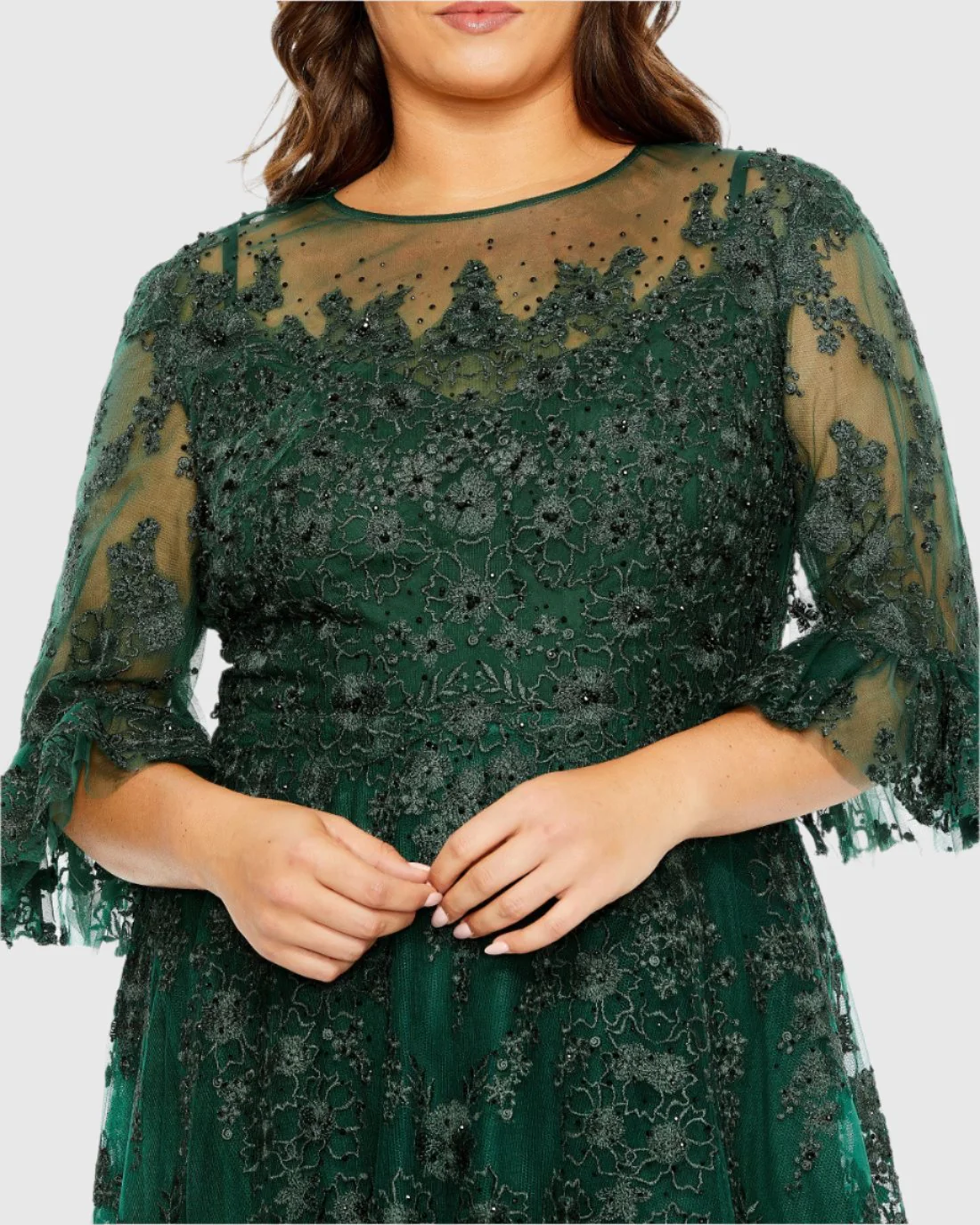 Green High Neck Flutter Sleeve Embroidered A Line Gown