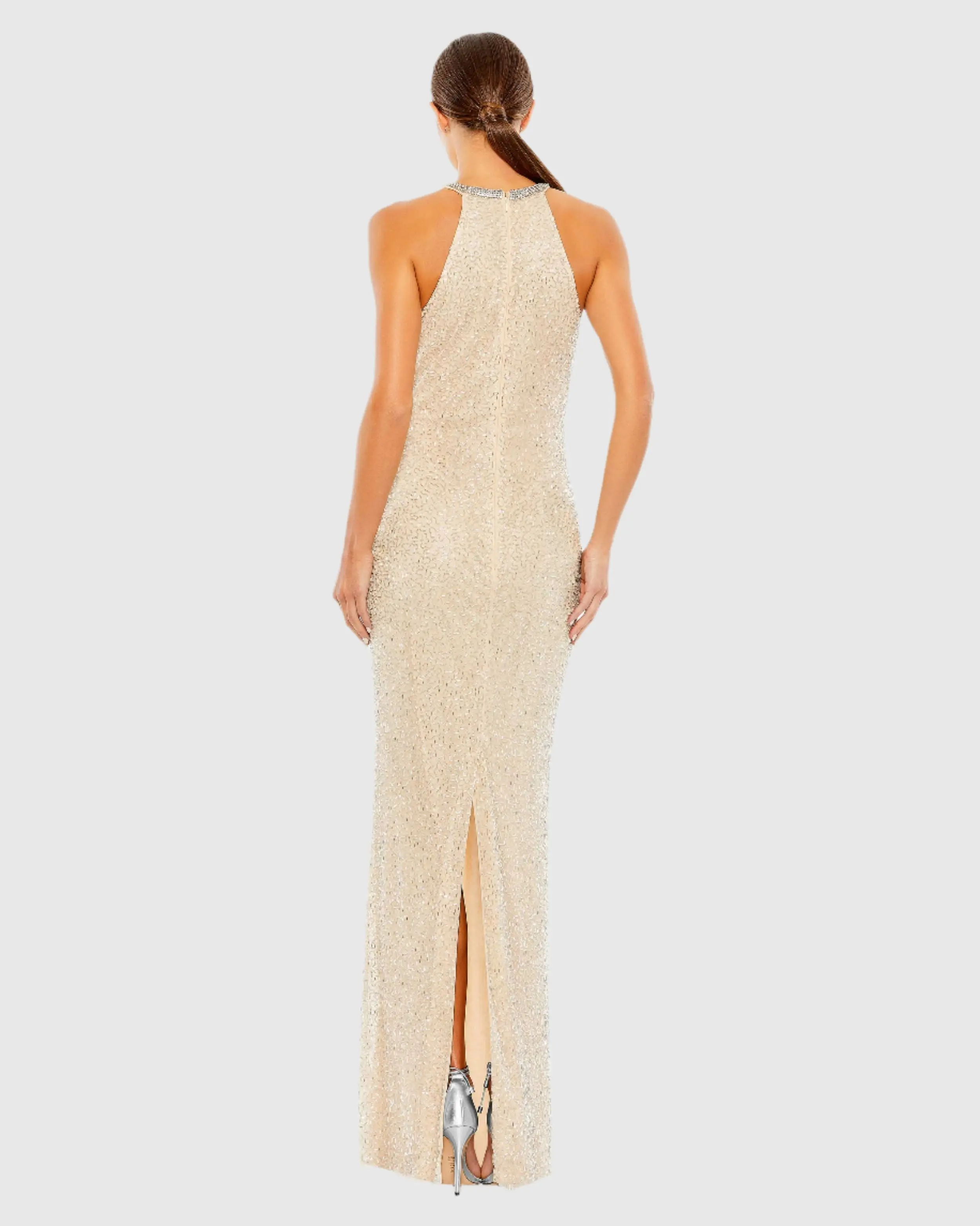 Beige Beaded Sleeveless High Neck Column Gown