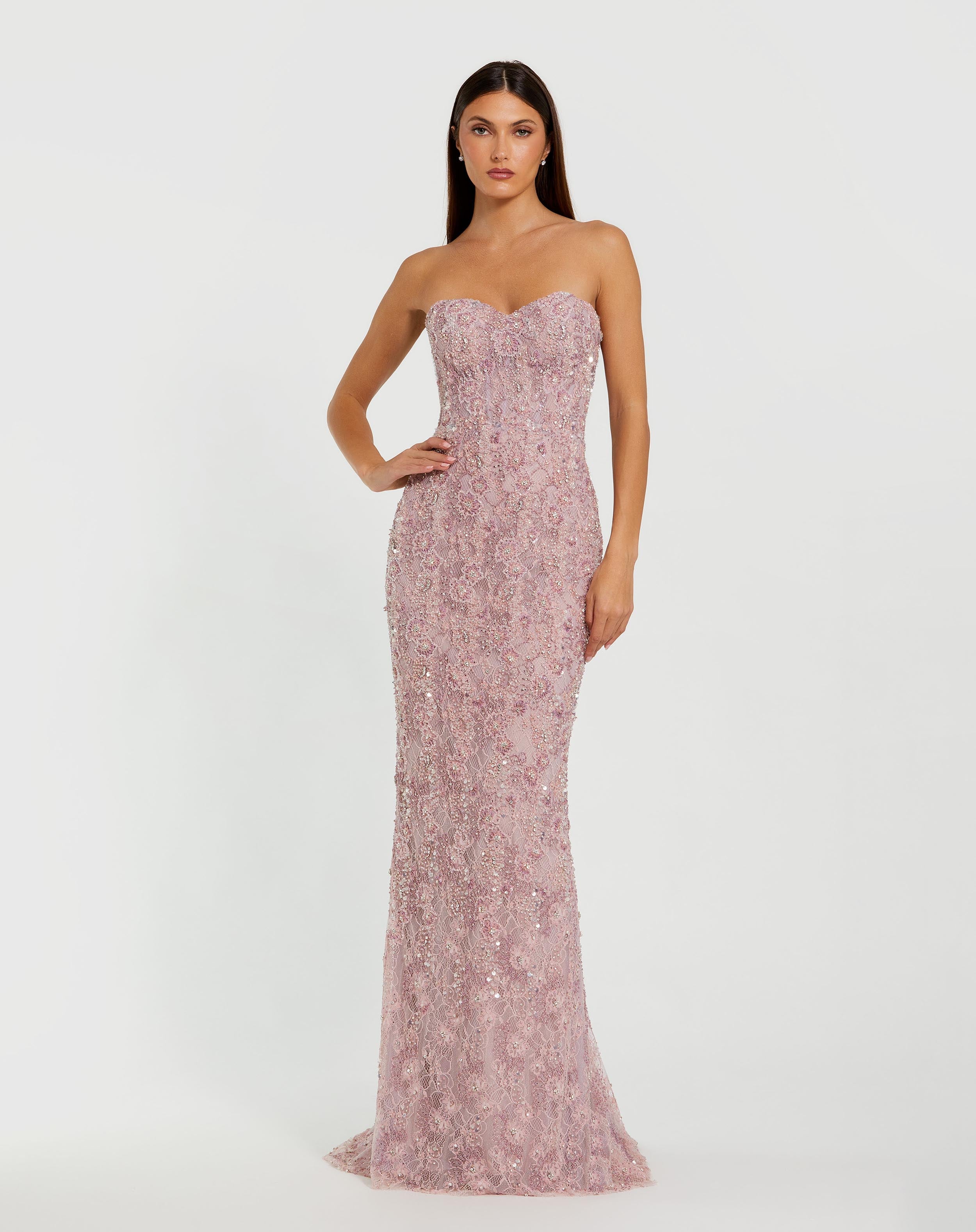Pink Beaded Strapless Bustier Gown With Sweeping Train