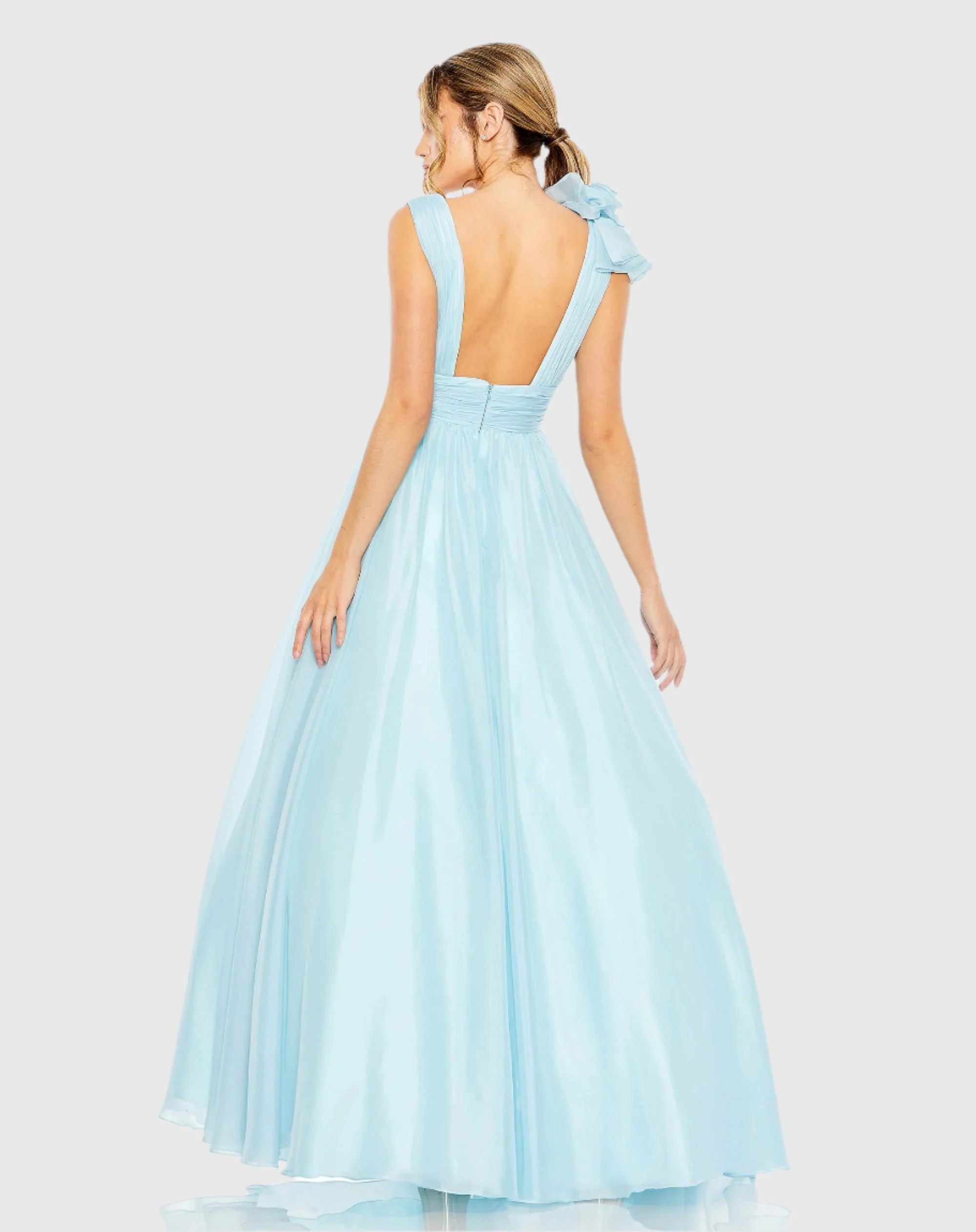 Light Blue Ruffle Shoulder V-Neck Chiffon Gown