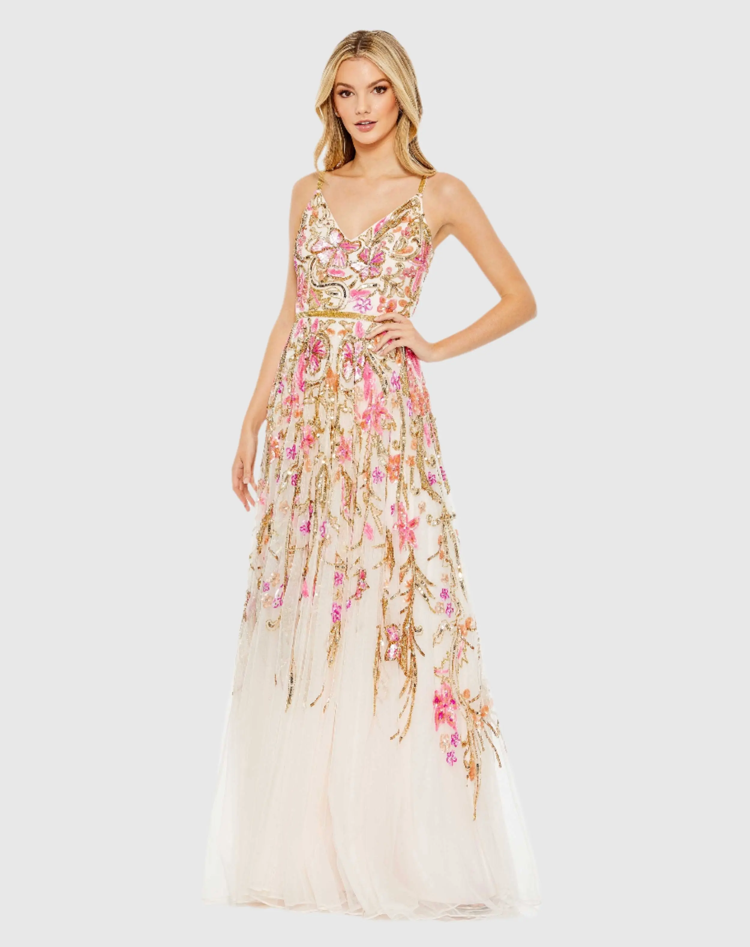 Beige V Neck Floral Embellished Spaghetti Strap Gown