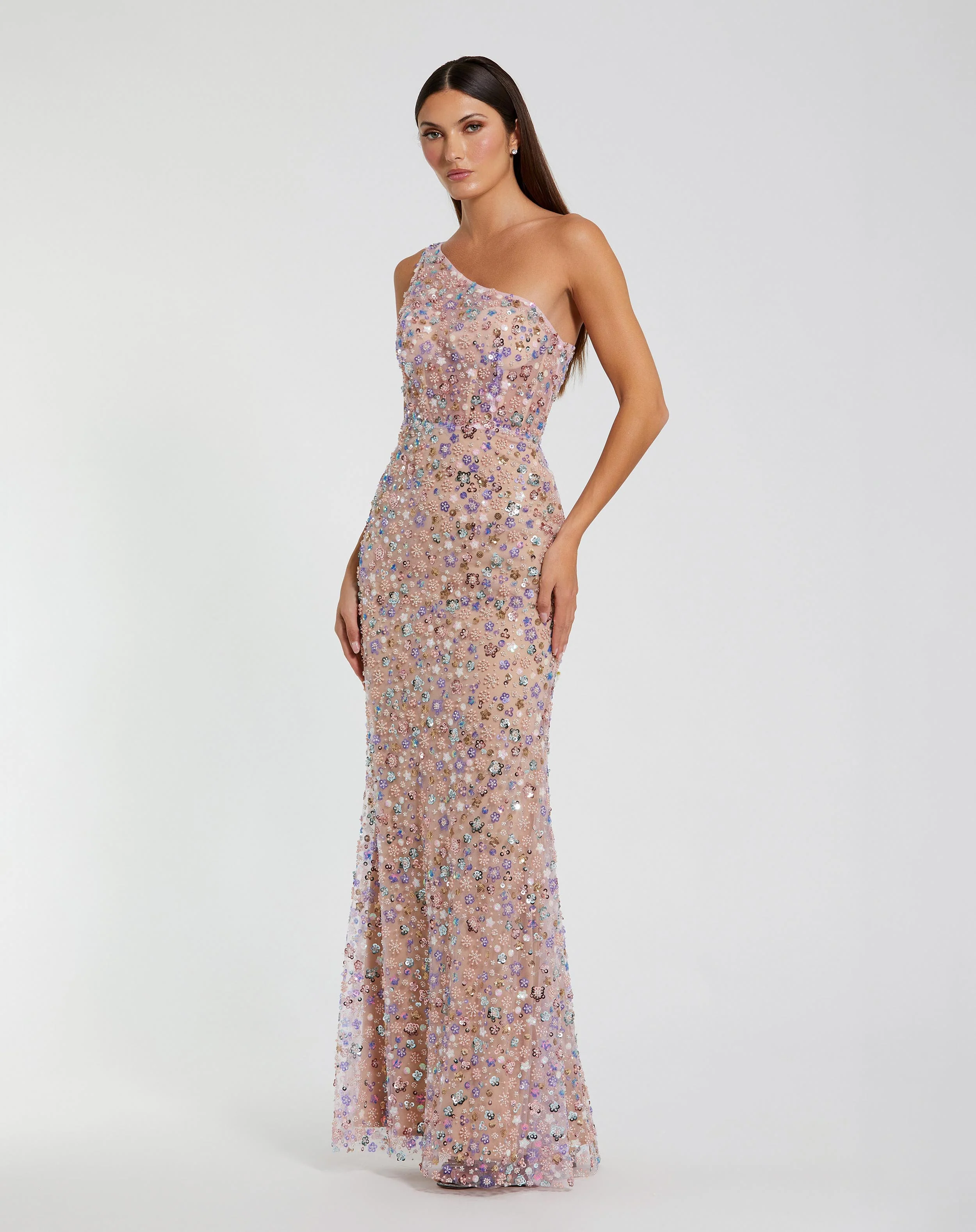 Pink Floral Embellished One Shoulder Gown