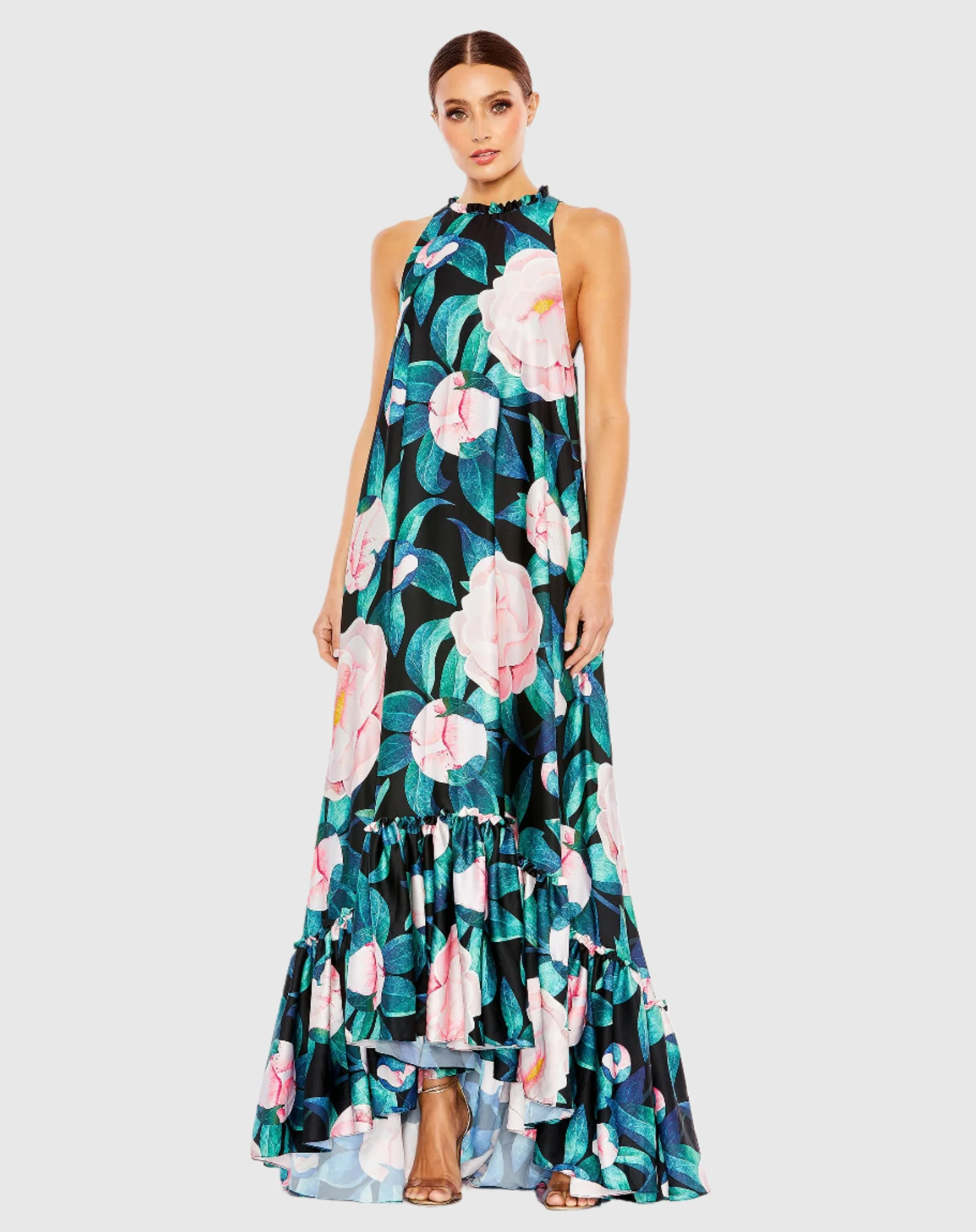 Multicolor High Neck Floral Babydoll Long Dress